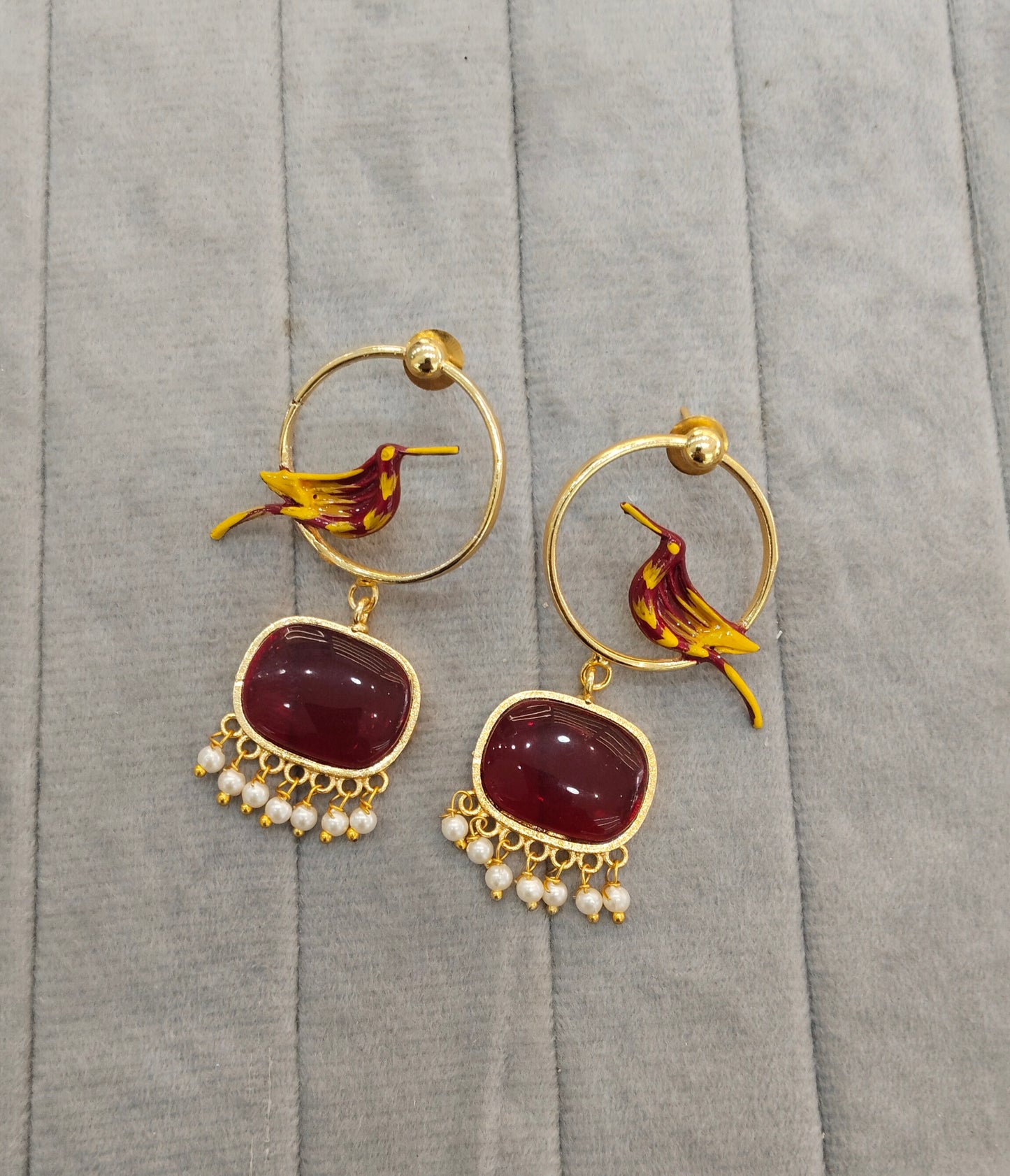 Maroon Mother Of Pearl Bollywood Brass Earrings