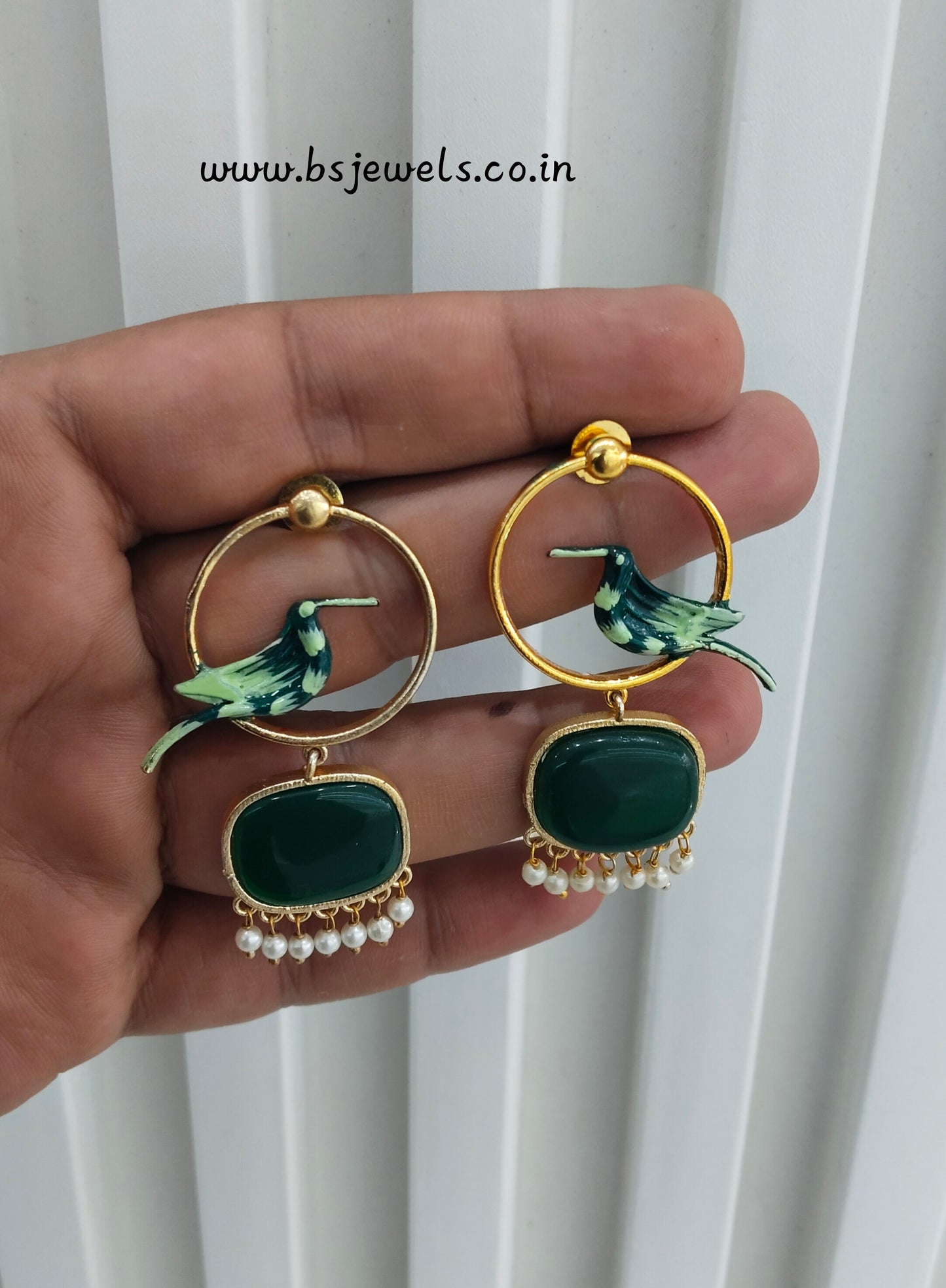 Green Mother Of Pearl Bollywood Brass Earrings