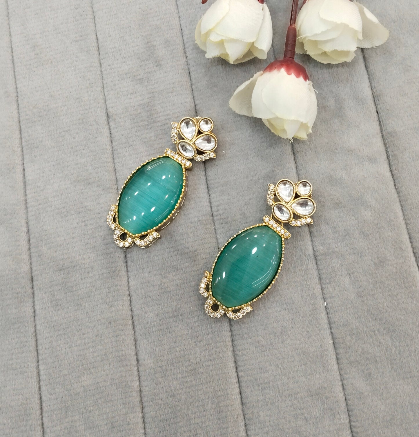 Sea Green Moissanite Kundan Bollywood Jombi Earrings