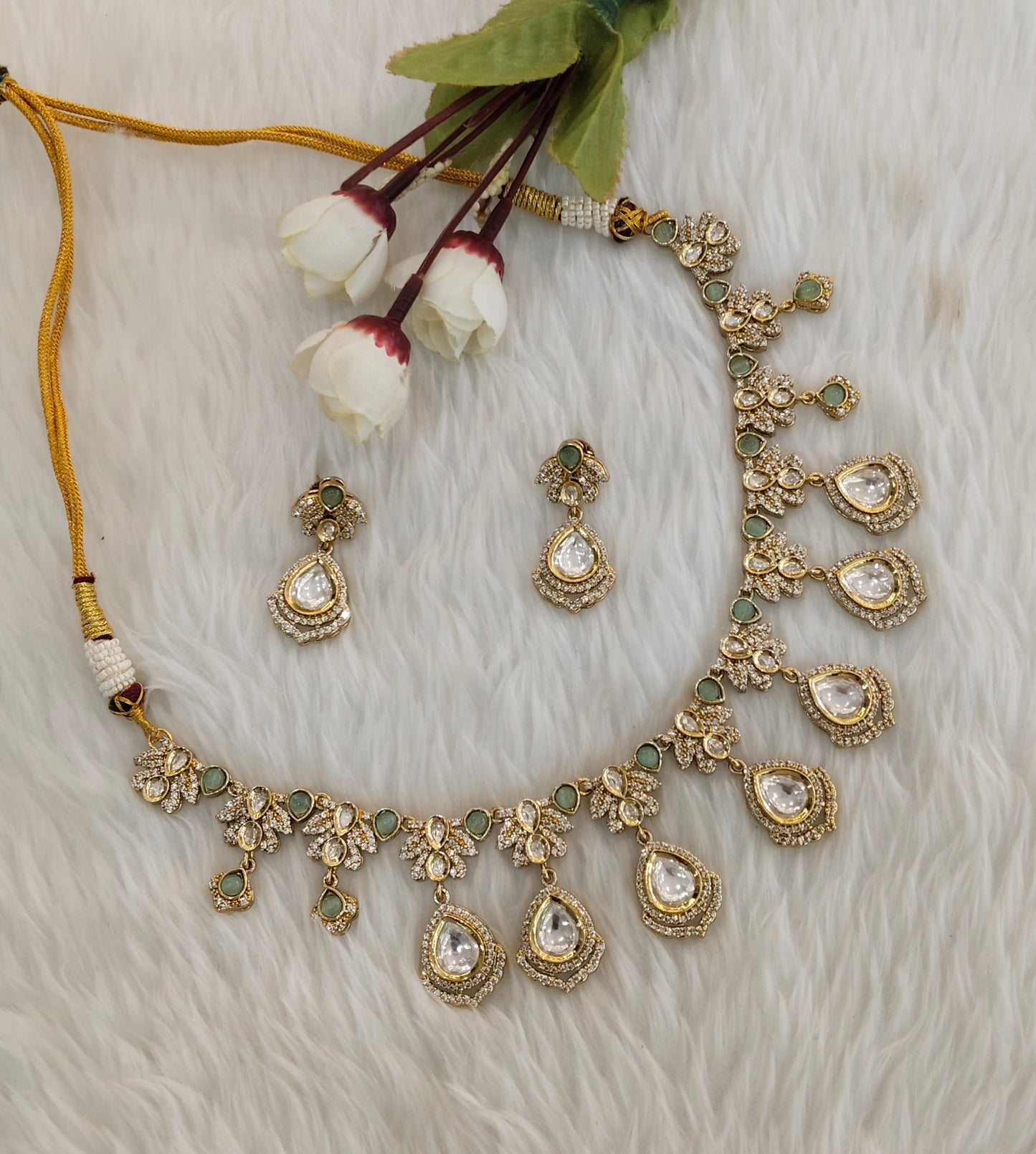 Sea Green Gold Moissanite Kundan Necklace Jewellery Szunki Set