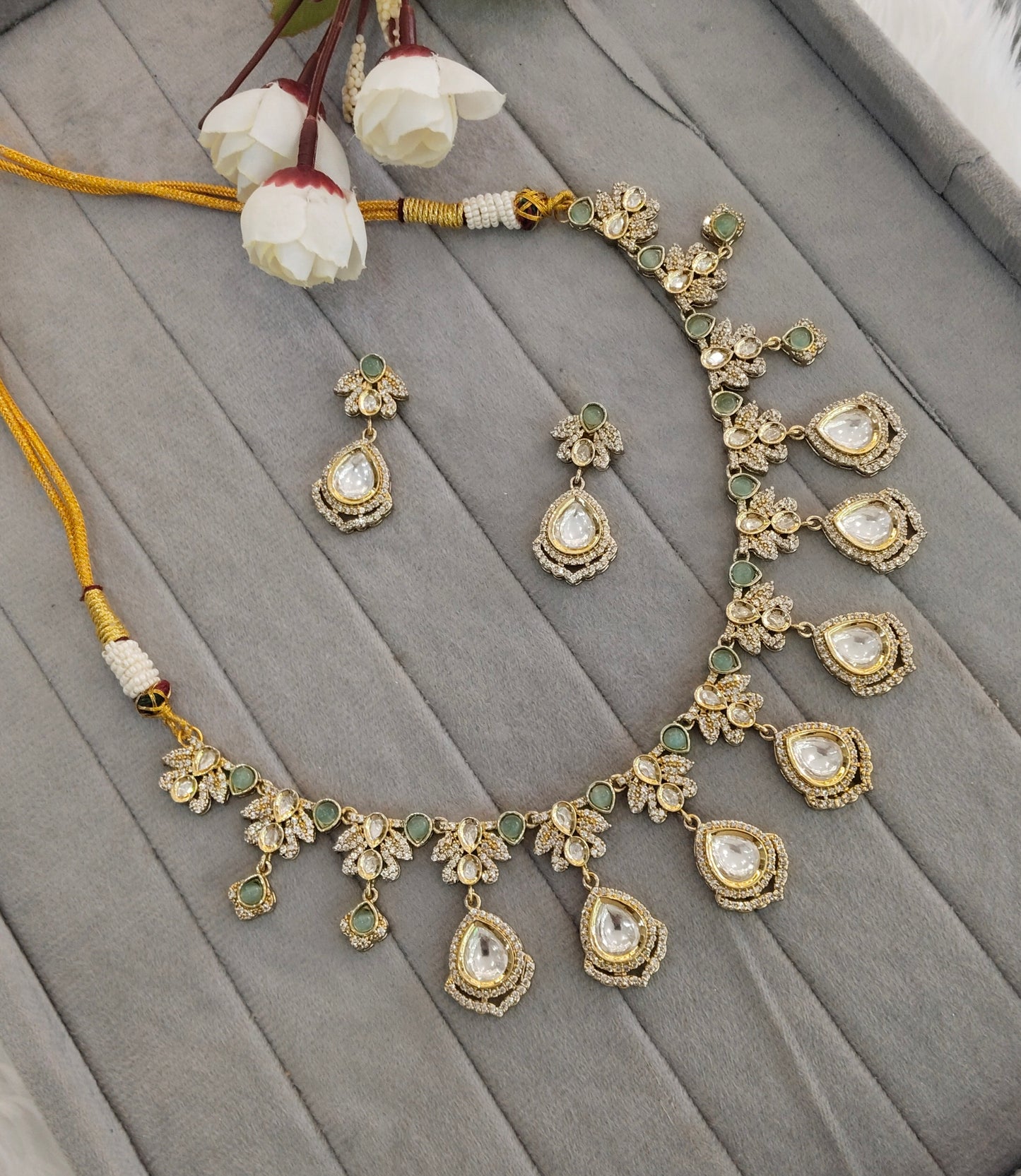 Sea Green Gold Moissanite Kundan Necklace Jewellery Szunki Set