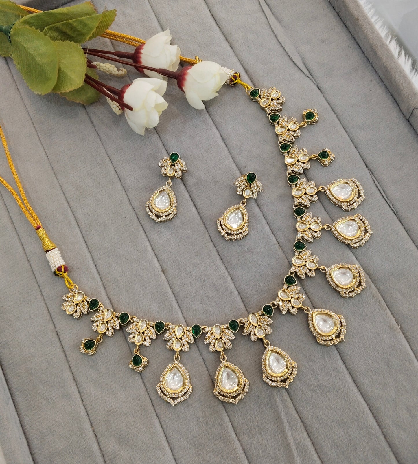 Green Gold Moissanite Kundan Necklace Jewellery Szunki Set