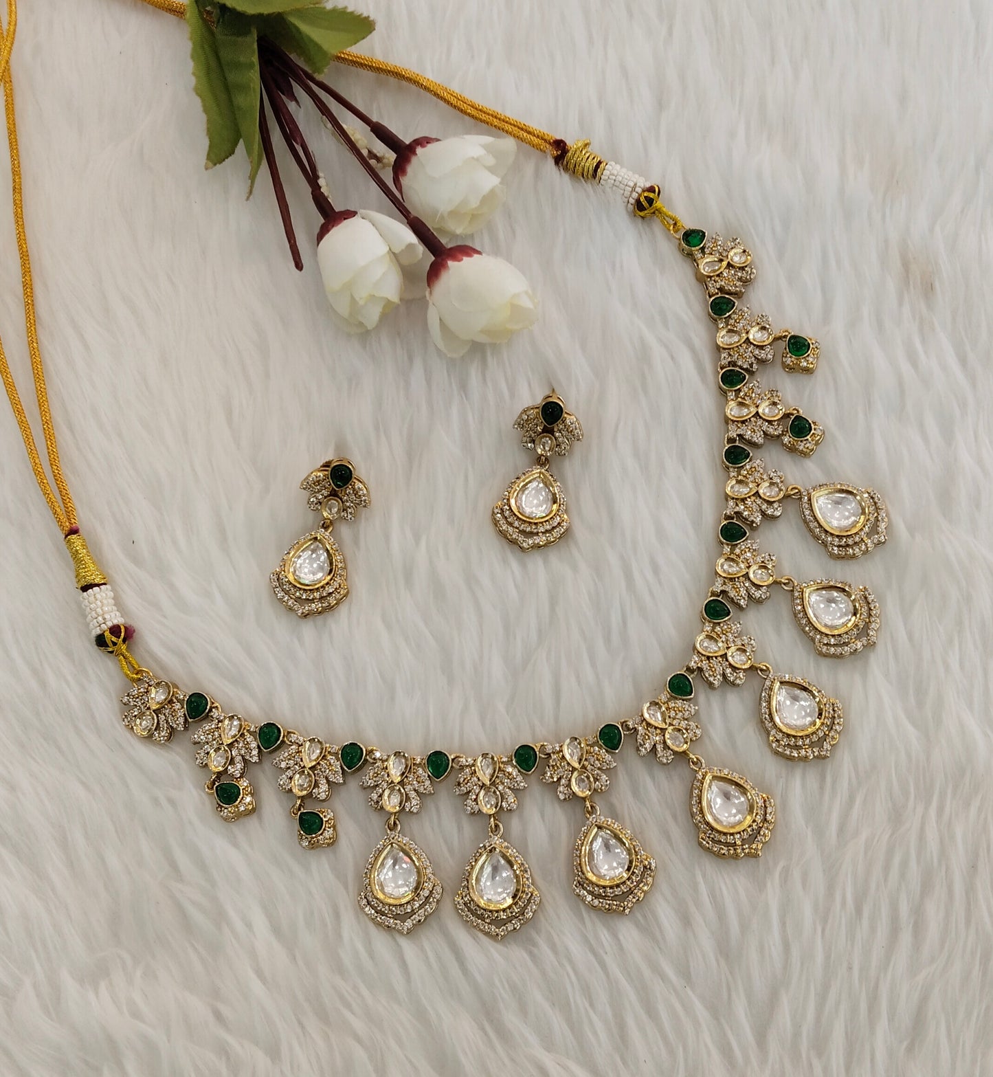 Green Gold Moissanite Kundan Necklace Jewellery Szunki Set