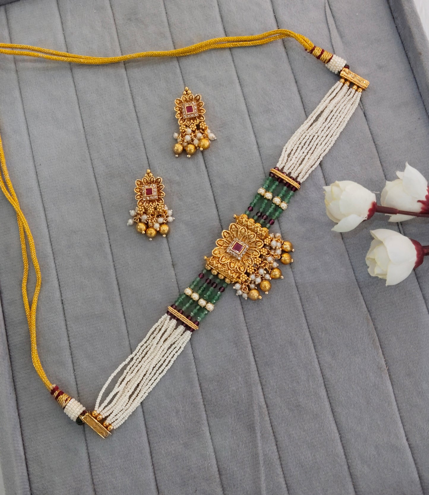 Ruby Sage Green Gold Polki Choker Jewellery Udham Set