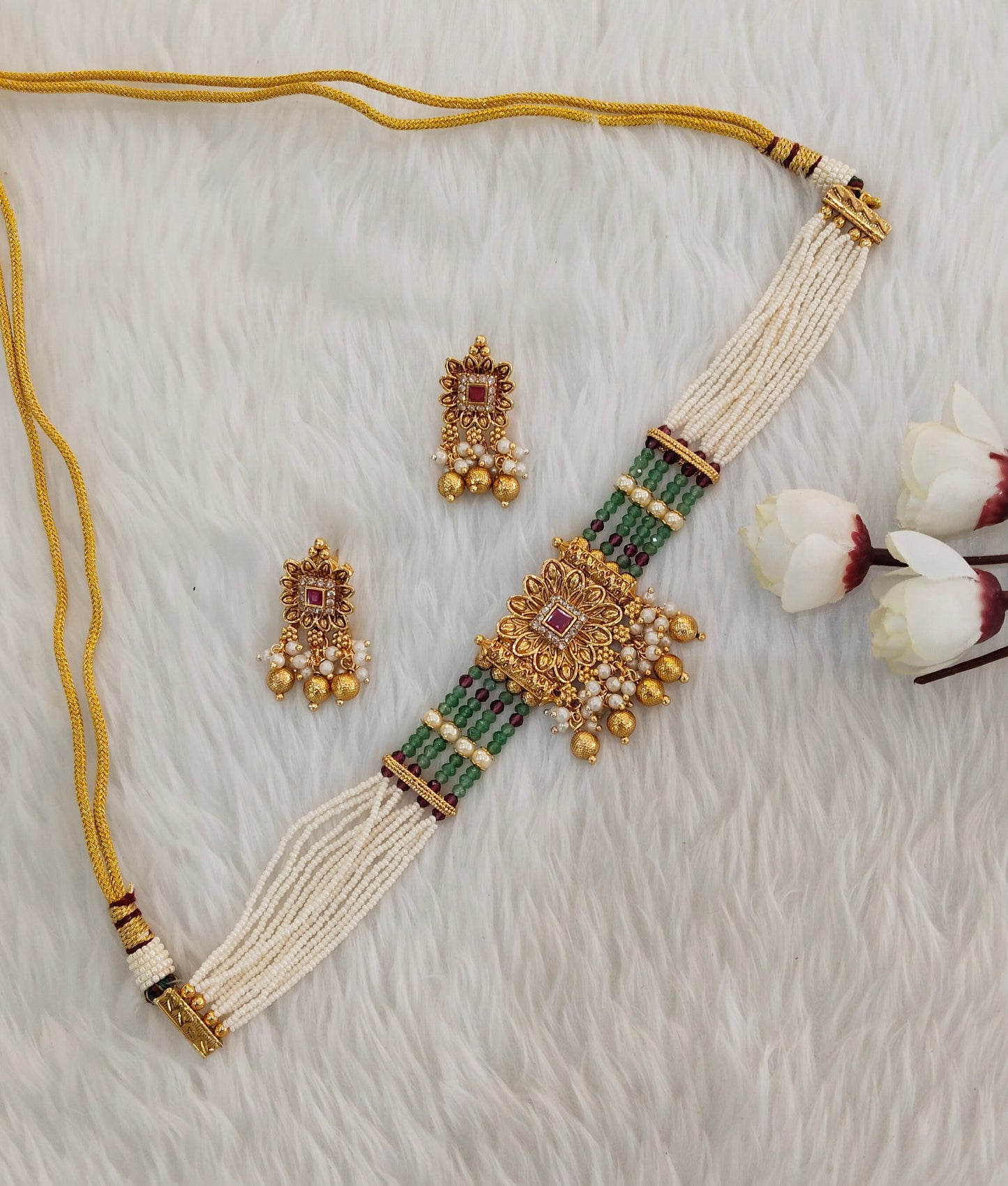 Ruby Sage Green Gold Polki Choker Jewellery Udham Set