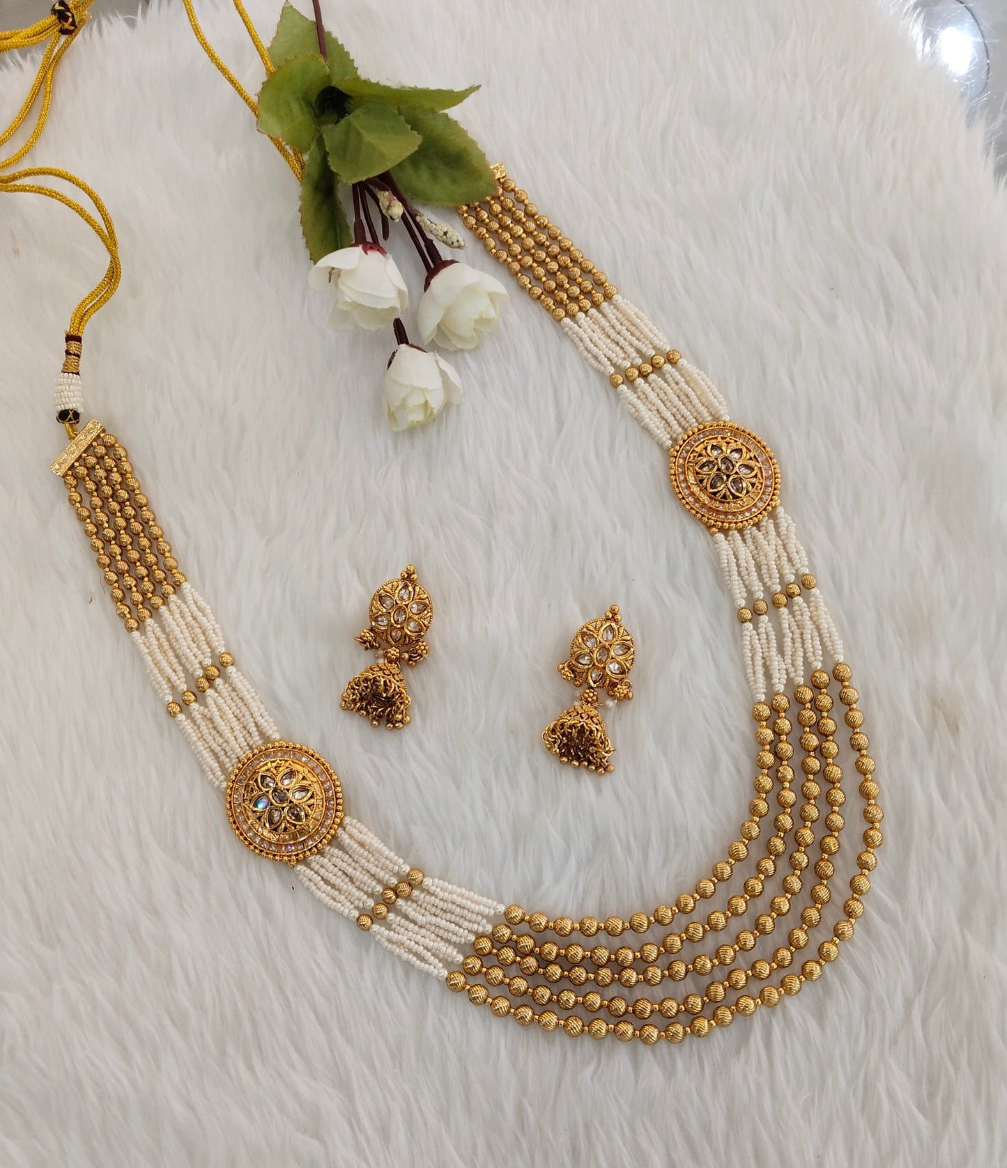 Gold Polki Long Layered Necklace Jewellery Udham Set