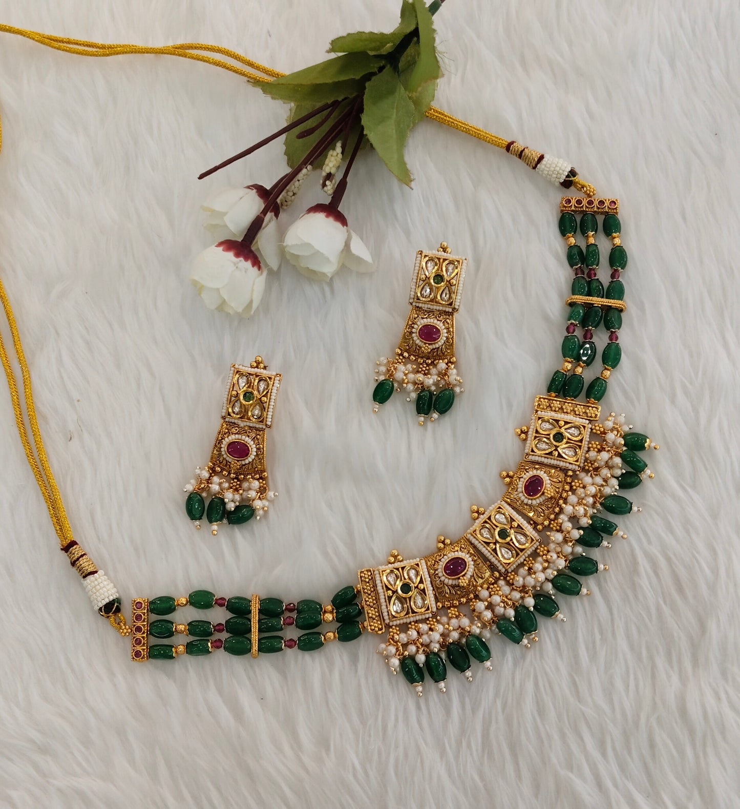 Ruby Green Gold Polki Necklace Jewellery Udham Set