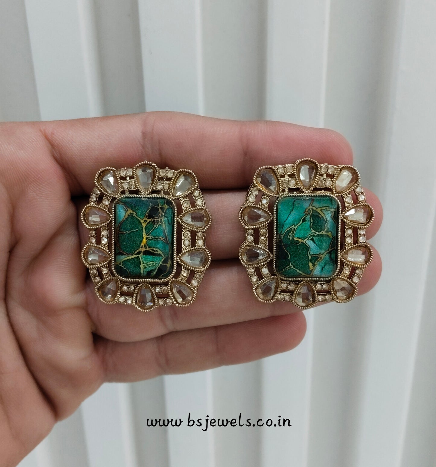 Green Antique Gold Bollywood Jandu Earrings