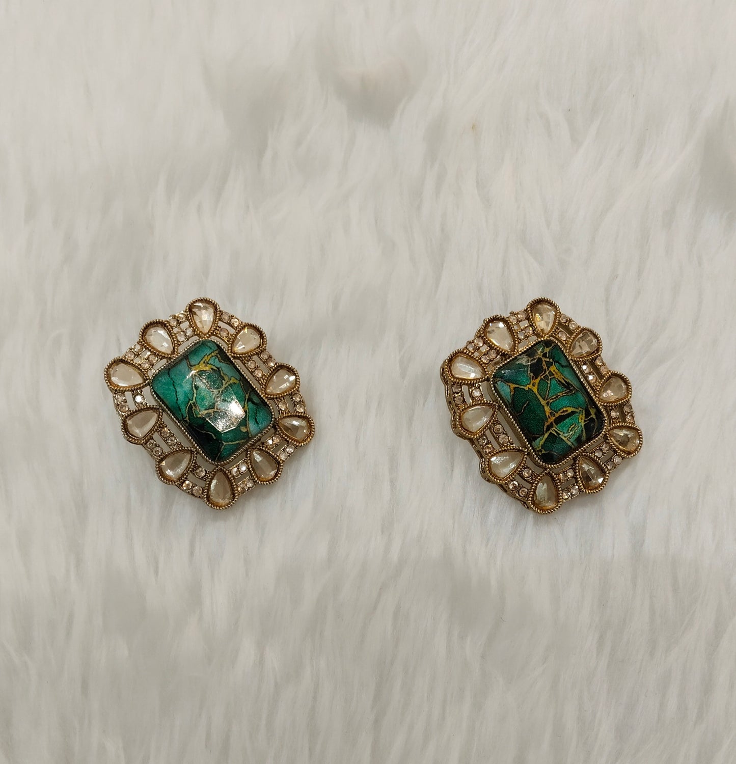 Green Antique Gold Bollywood Jandu Earrings