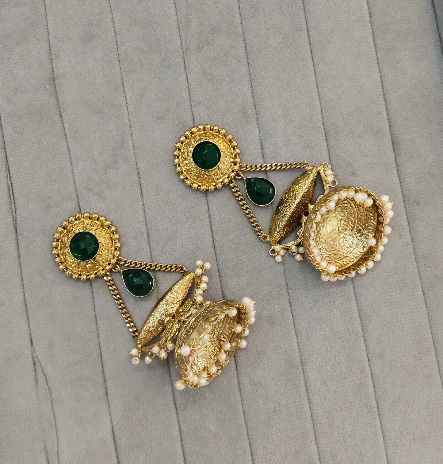 Green Antique Gold Jhumka Bollywood Keshav Earrings