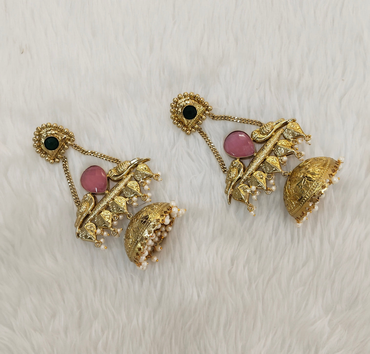 Green Pink Antique Gold Jhumka Bollywood Keshav Earrings