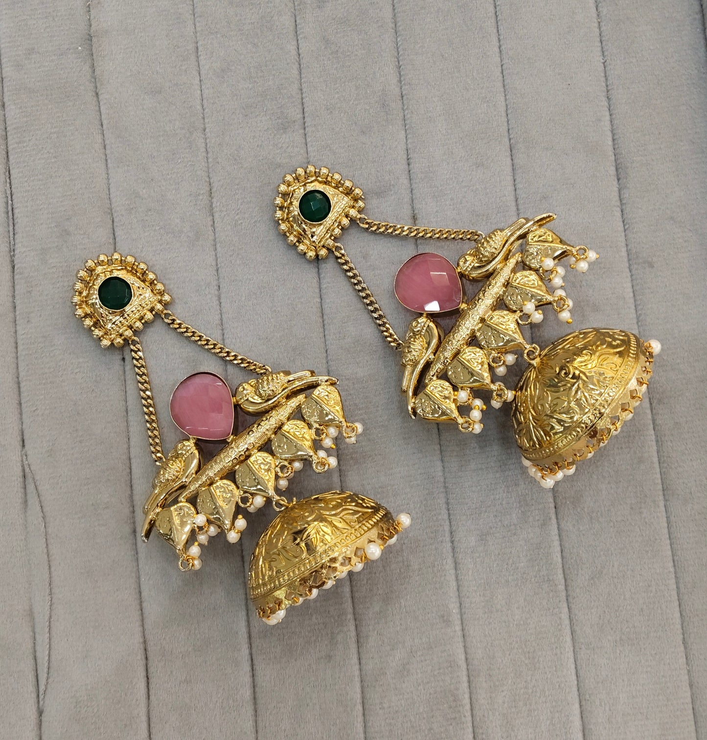 Green Pink Antique Gold Jhumka Bollywood Keshav Earrings
