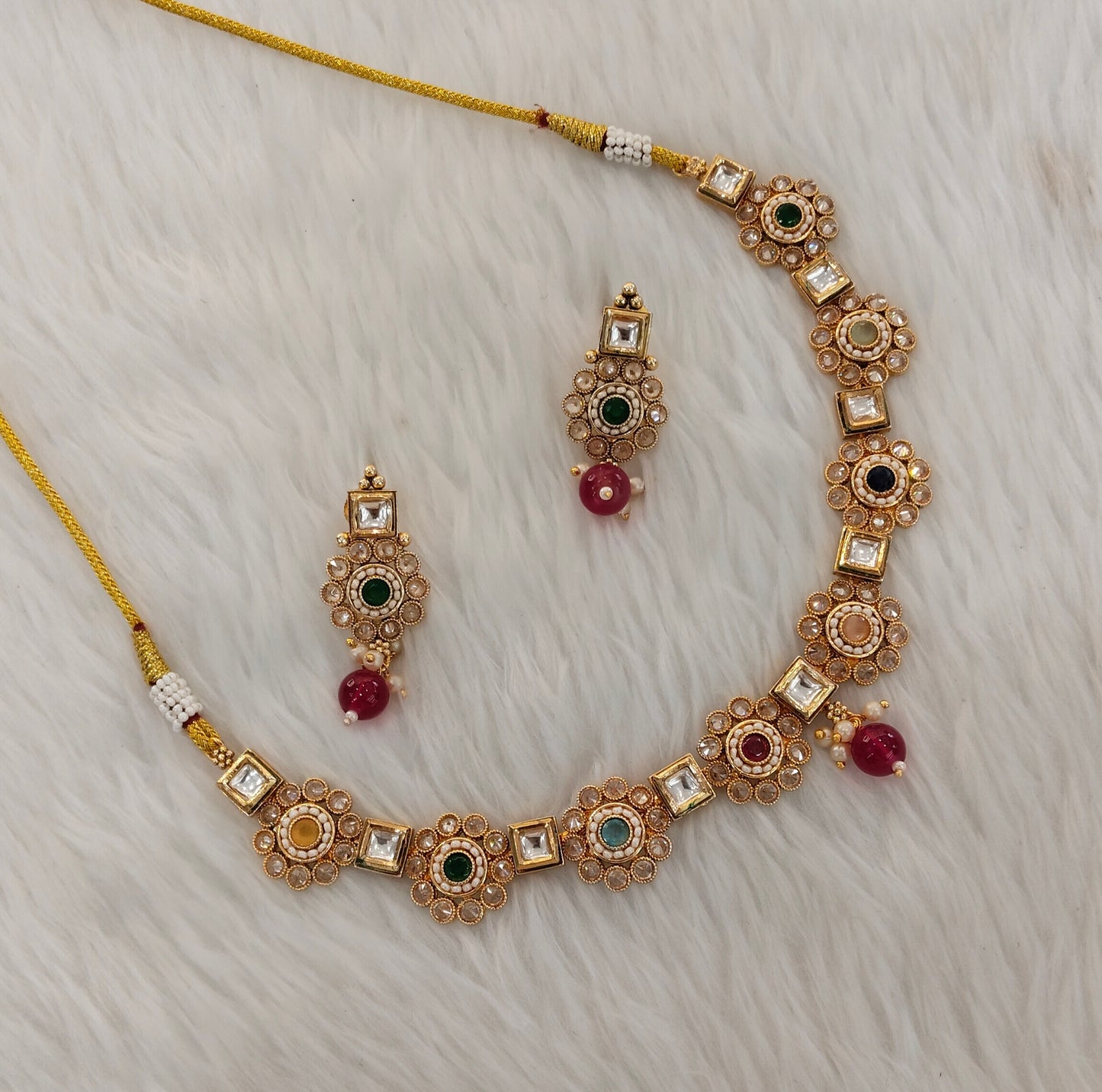 Multi Color Gold Polki Necklace Jewelry Siva Set