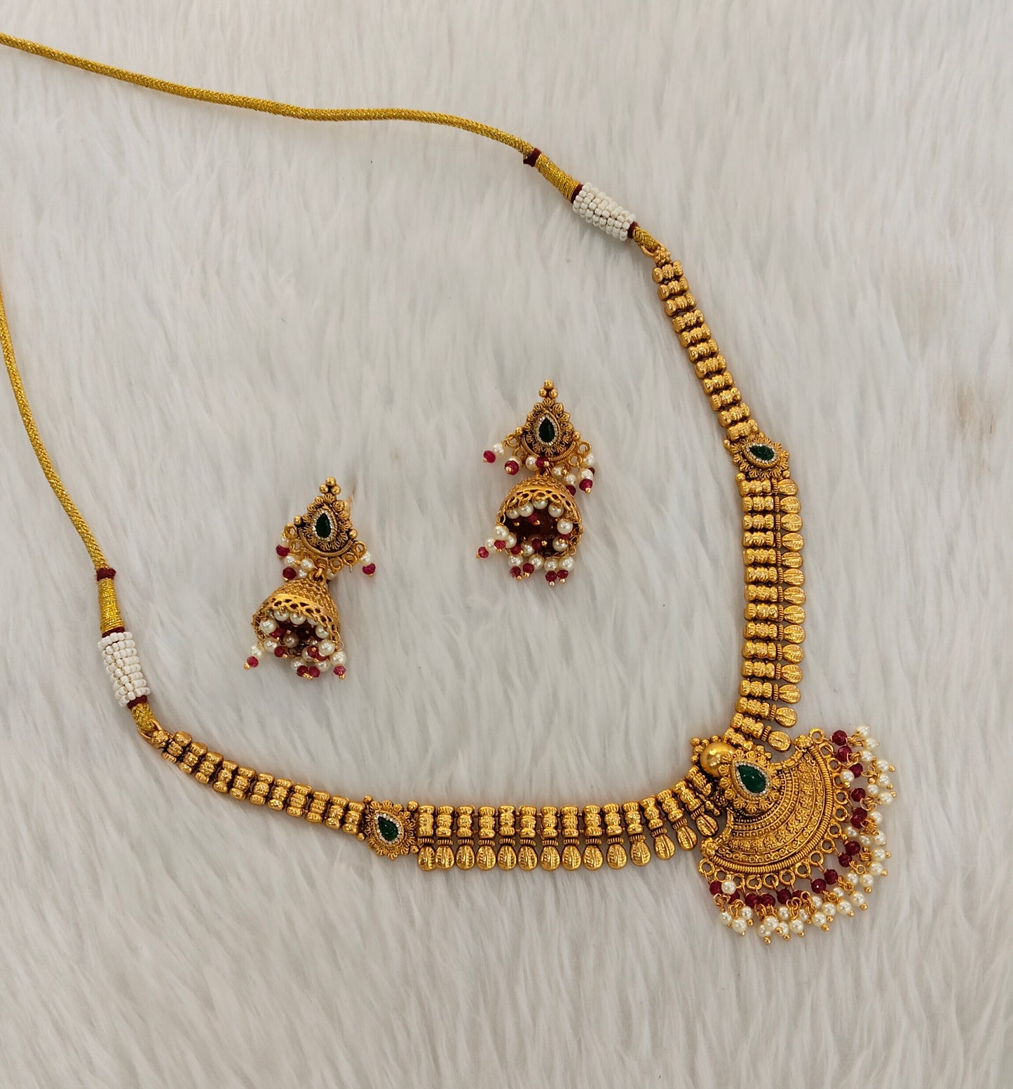 Ruby Green Gold Polki Necklace Jewellery Harf Set