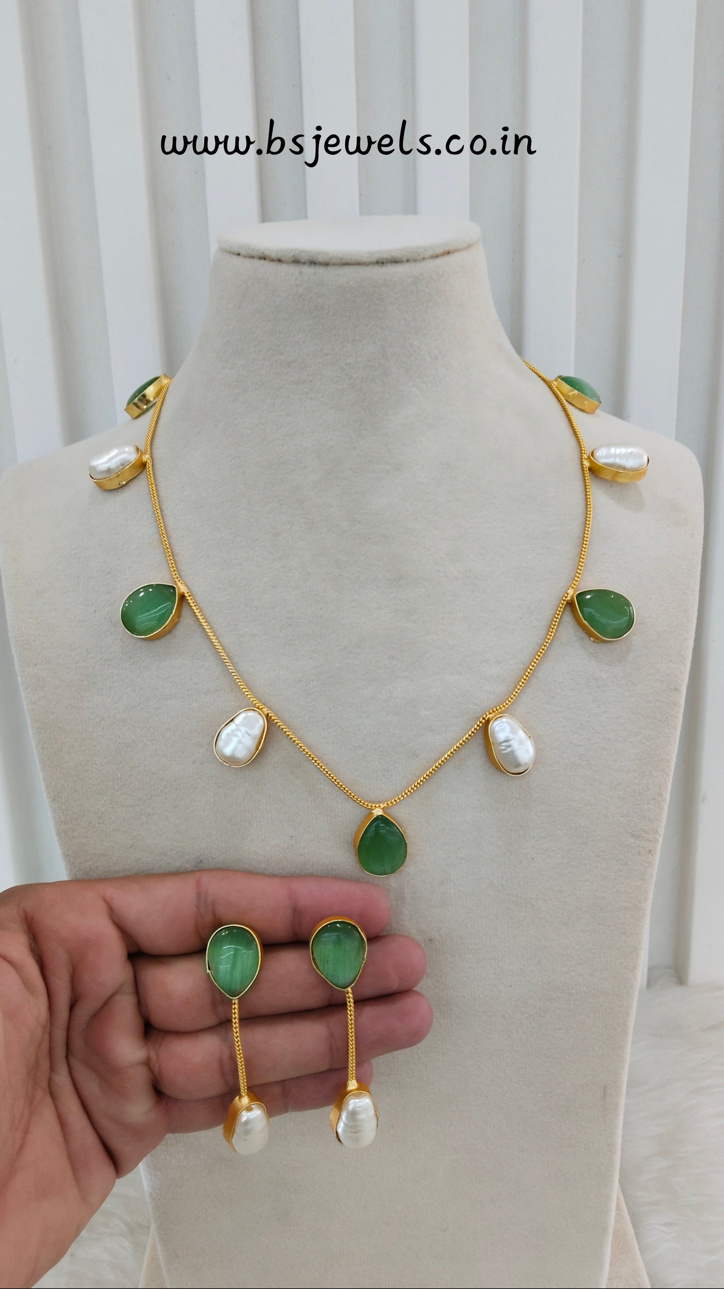 Sage Green Mother Of Pearl Stone Necklace Jewellery Sagge Set