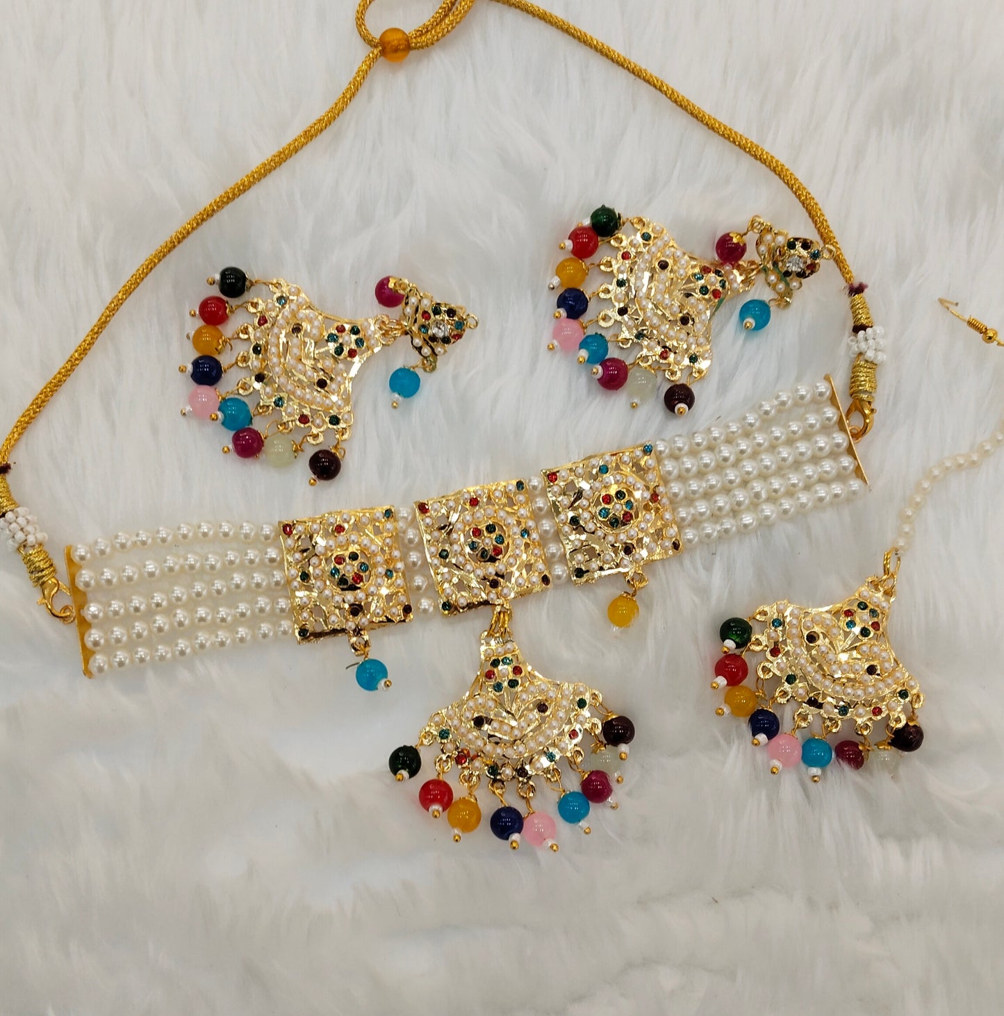 Multi Color Gold Jadau Punjabi Style Choker Jewellery Worldwide Set