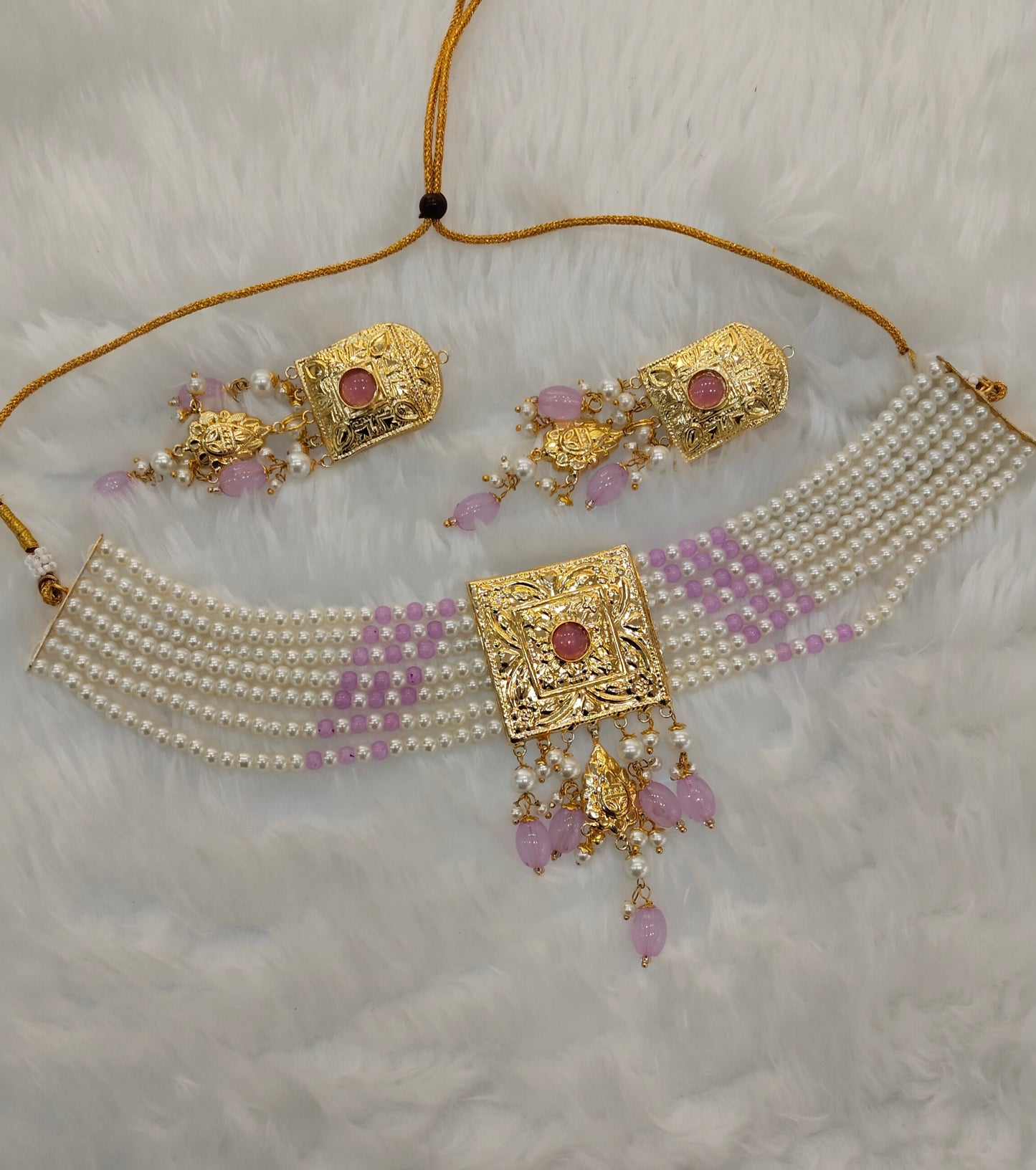 Lavender Gold Jadau Punjabi Style Choker Jewellery Sultan Set
