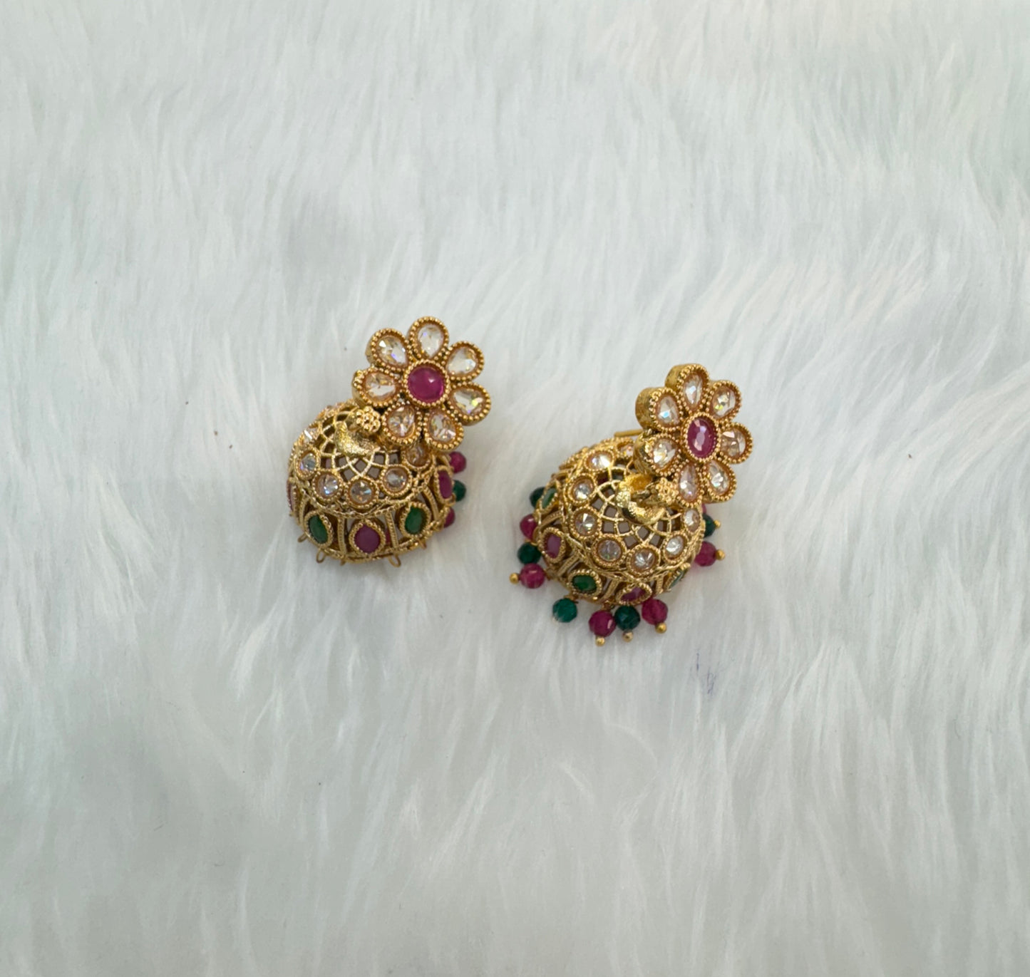Ruby Green Gold Polki Jhumki Bollywood Dhutta Earrings