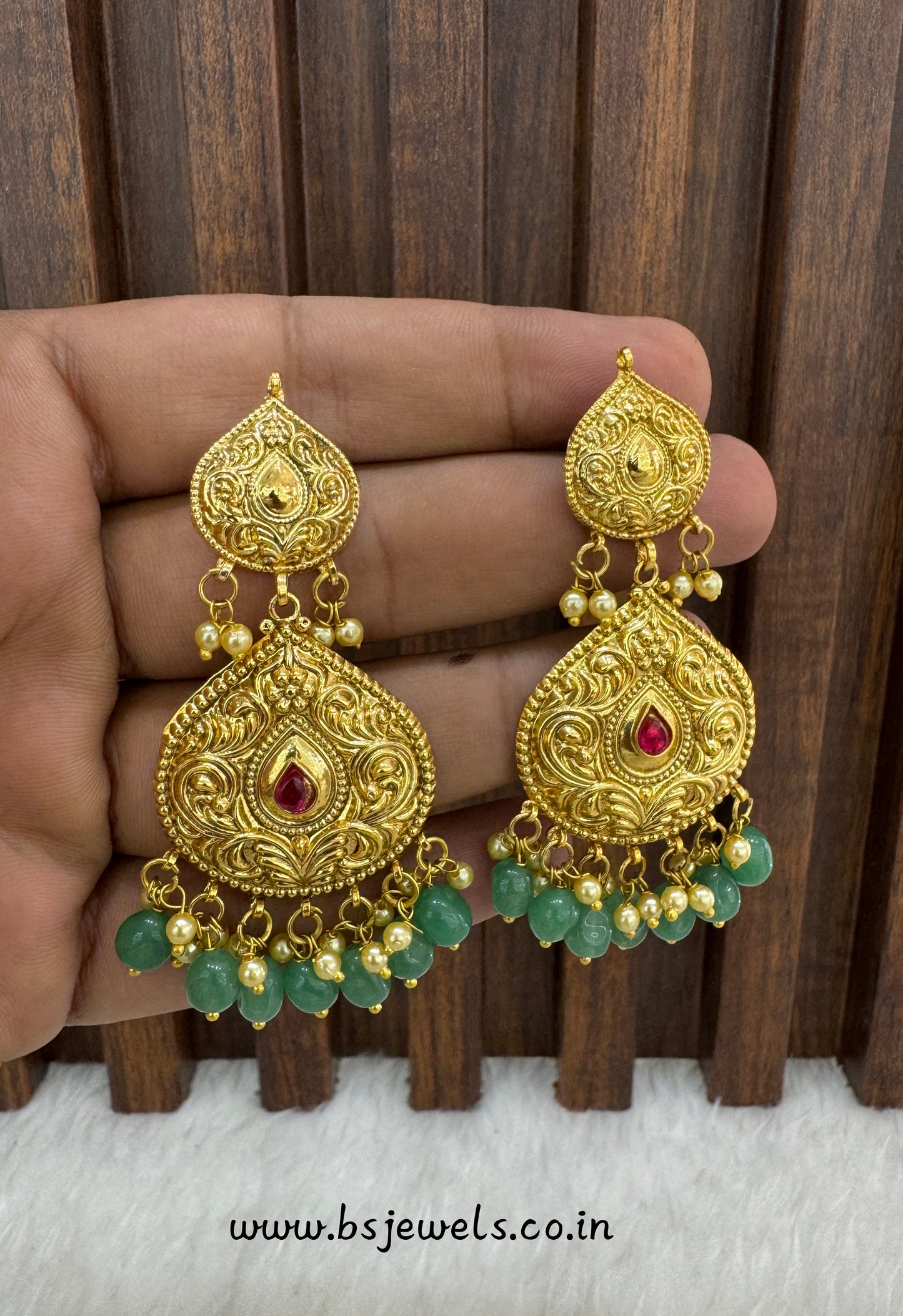 Ruby Sage Green Jadau Patra Bollywood Guggu Earrings