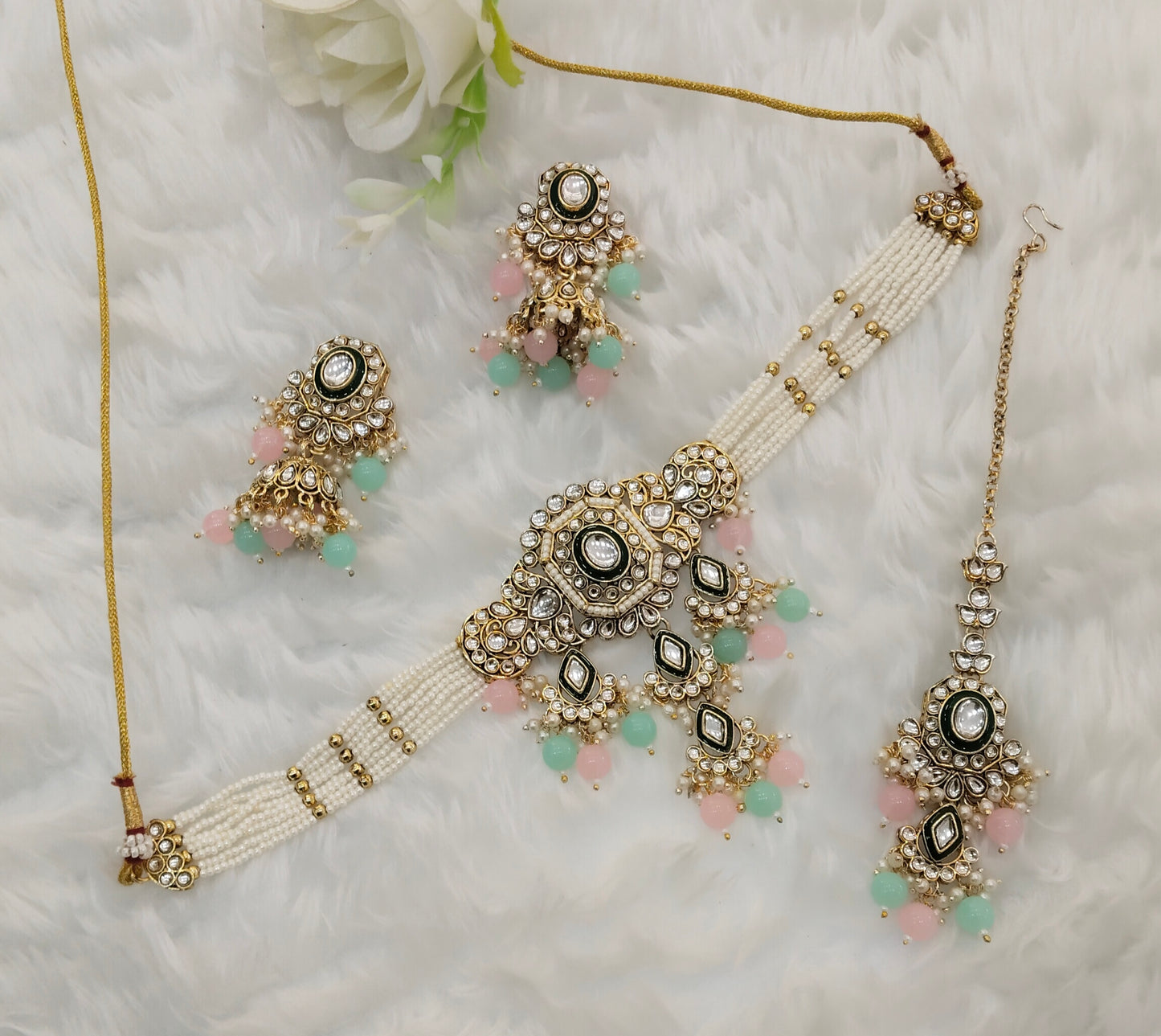 Sea Green Pink Kundan Choker Jewellery Doms Set