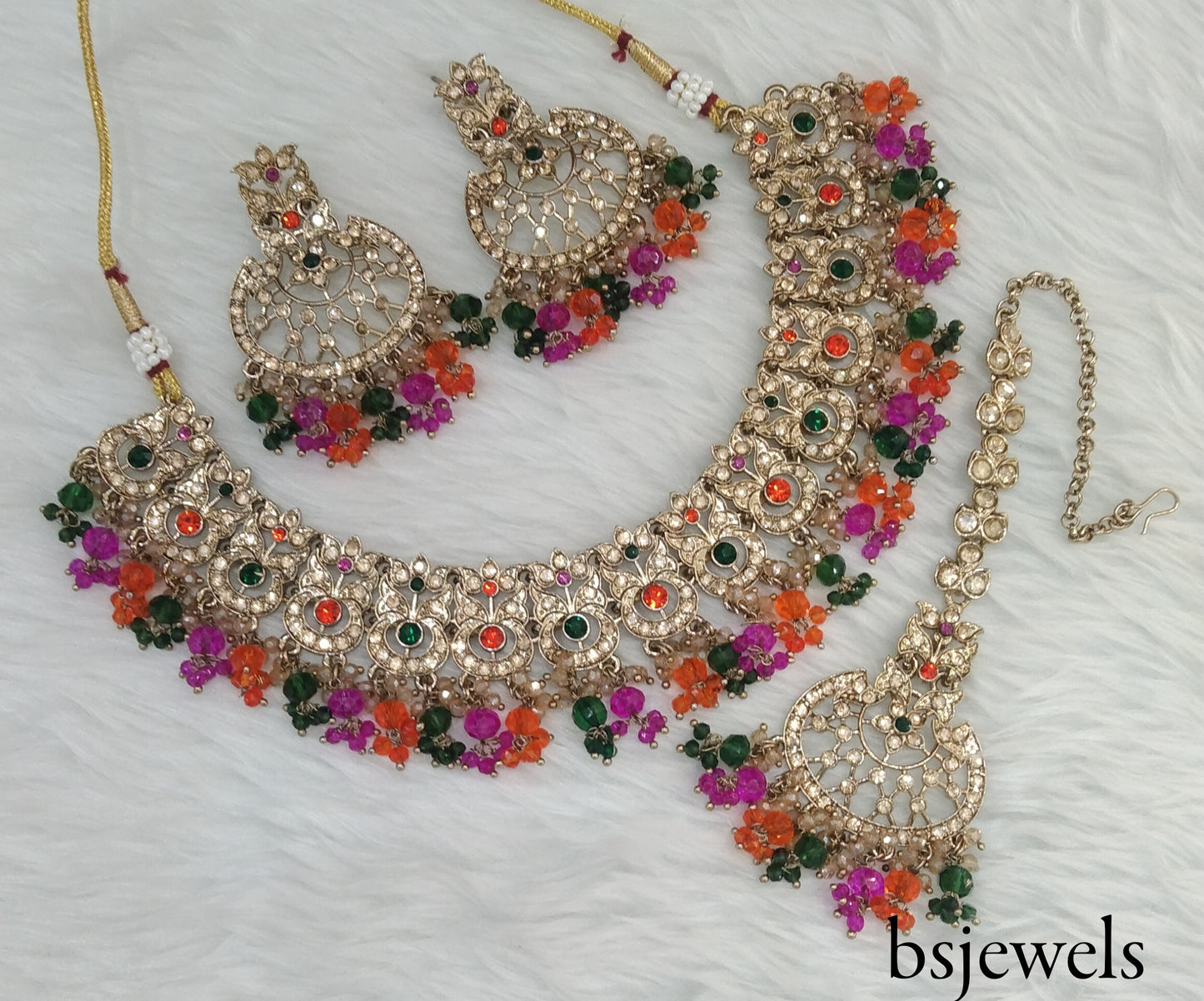 Antique Gold Multi Colour Necklace Jewellery Isha Bollywood Set