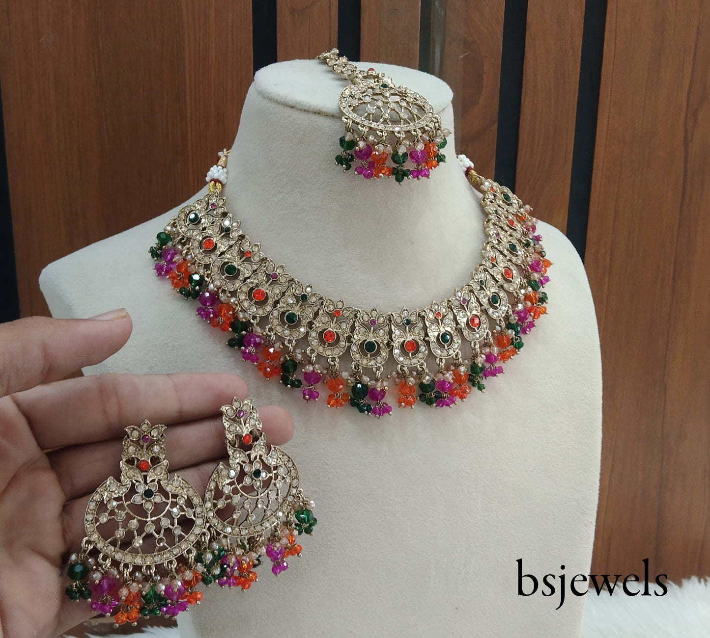 Antique Gold Multi Colour Necklace Jewellery Isha Bollywood Set