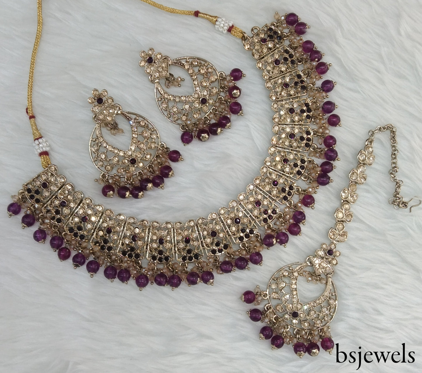 Antique Gold Purple Necklace Jewellery Isha Bollywood Set