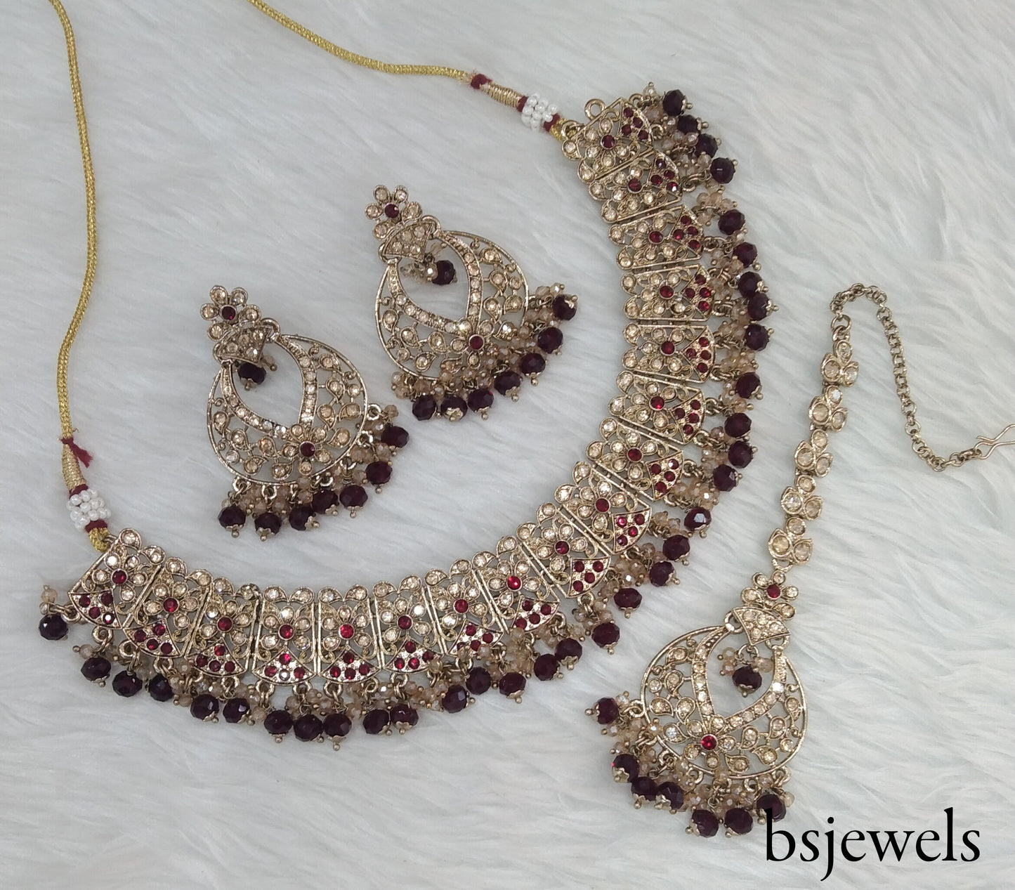 Antique Gold Maroon Necklace Jewellery Isha Bollywood Set