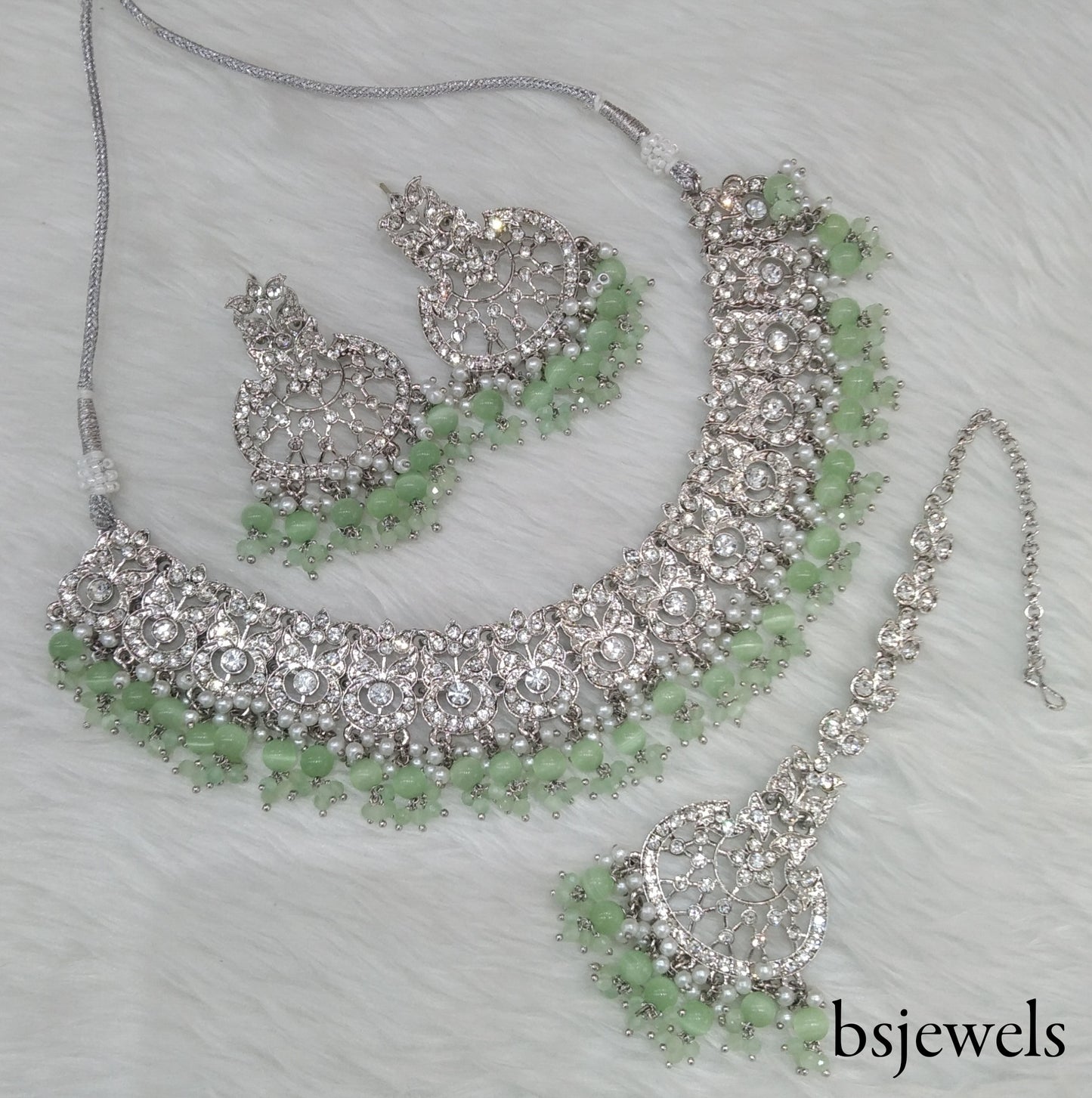 Silver Pastel Green Necklace Jewellery Isha Bollywood Set