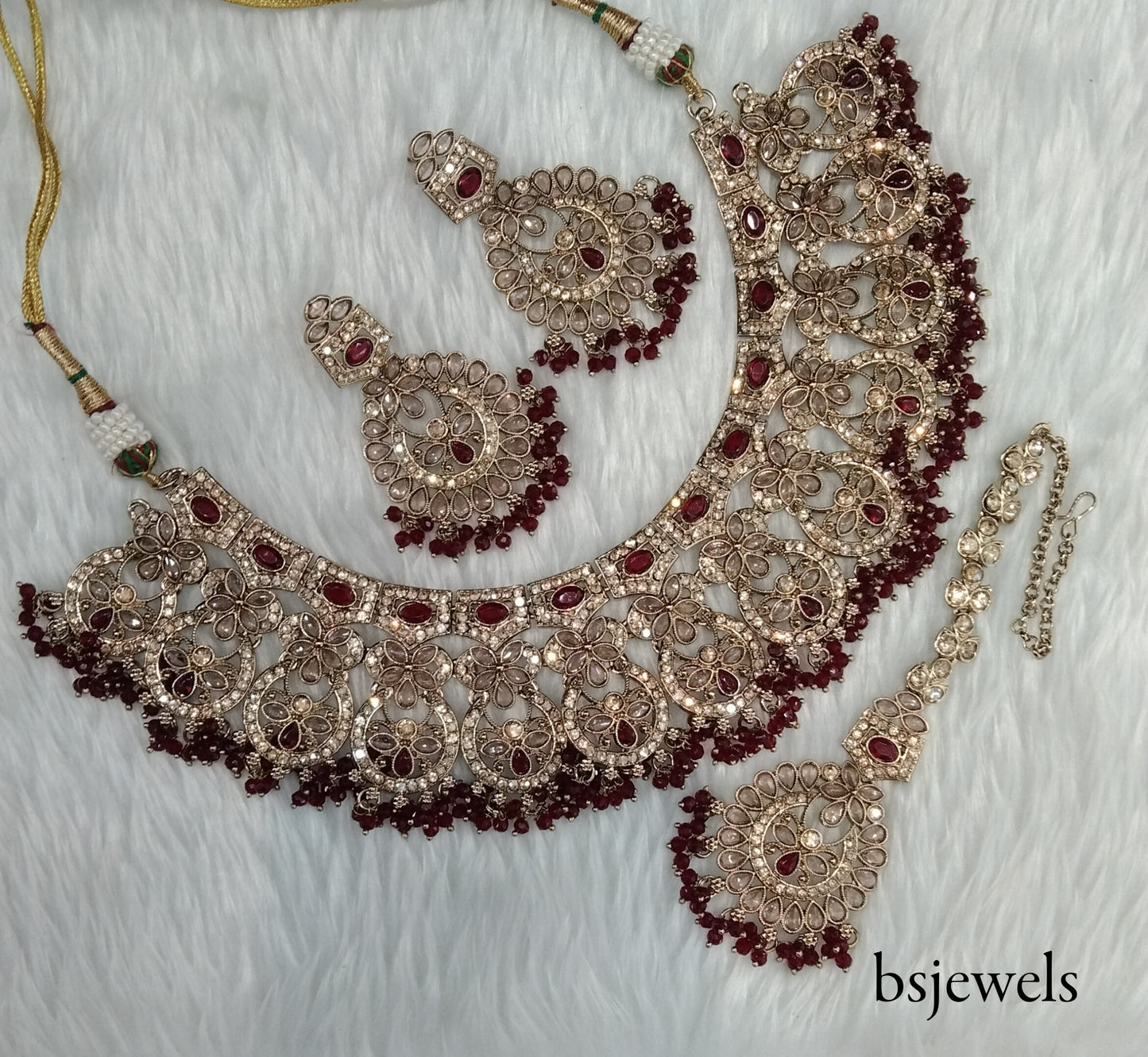 Antique Gold Maroon Necklace Jewellery Binder Bollywood Set