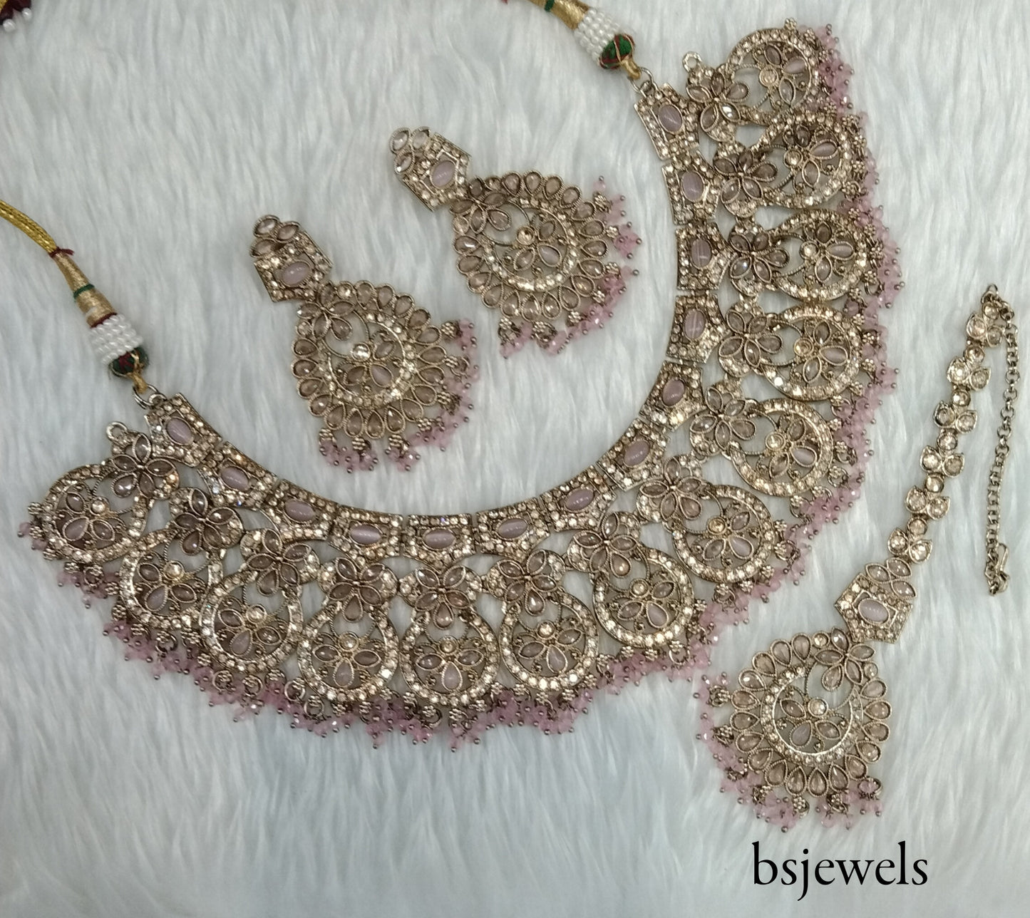 Antique Gold Pink Necklace Jewellery Binder Bollywood Set