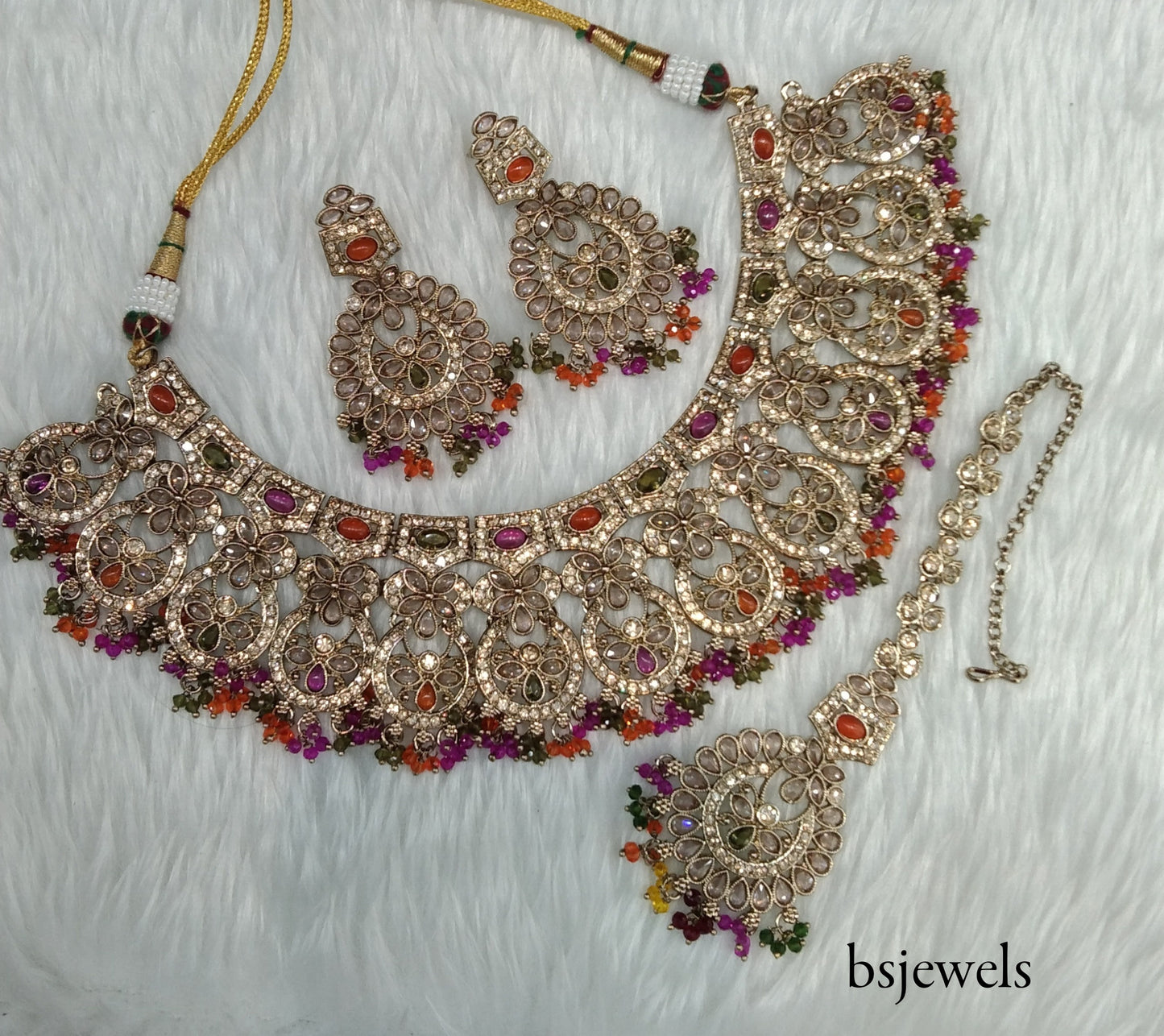 Antique Gold Multi Colour Necklace Jewellery Binder Bollywood Set