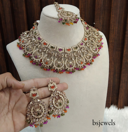 Antique Gold Multi Colour Necklace Jewellery Binder Bollywood Set