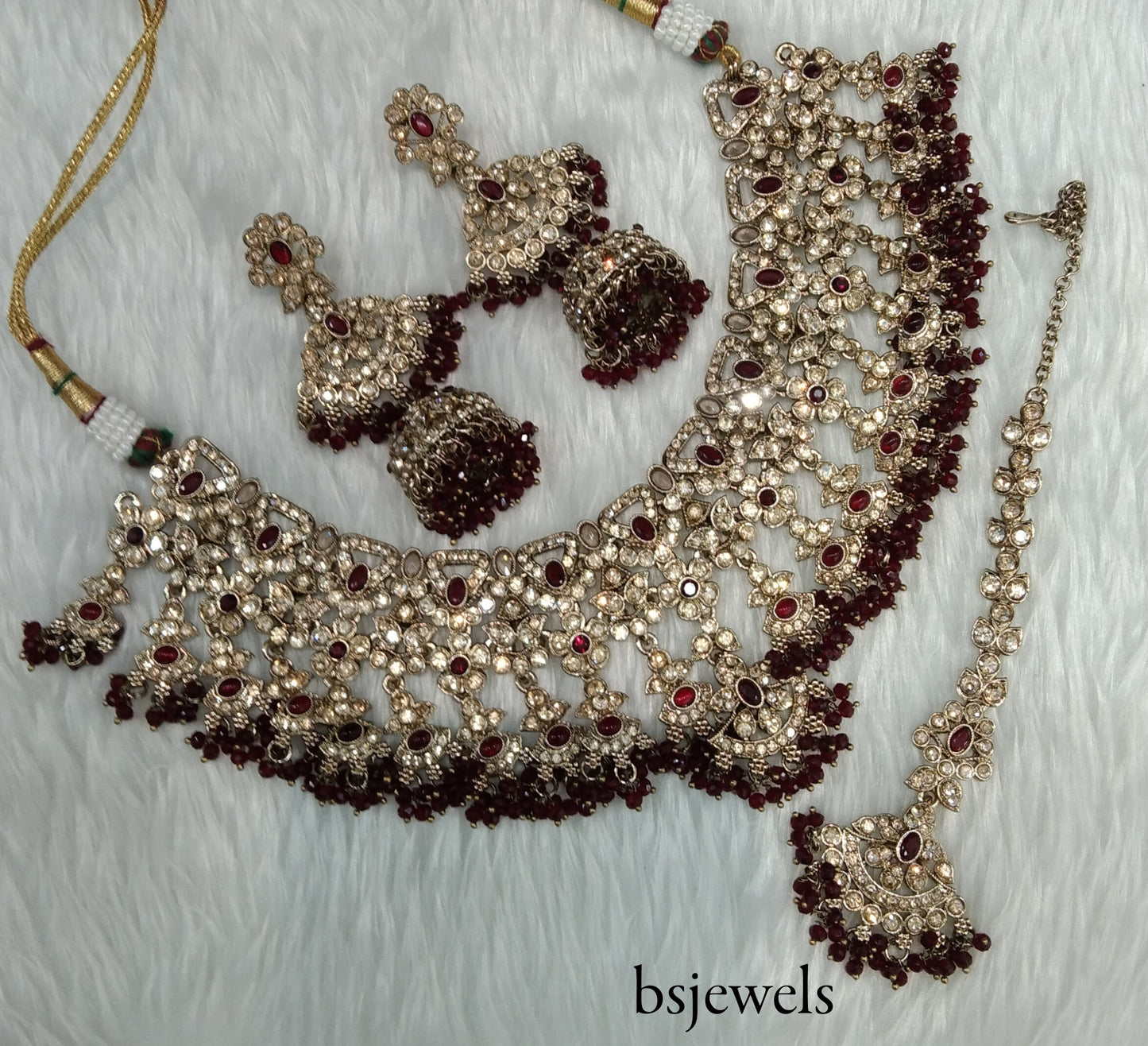 Antique Gold Maroon Necklace Jewellery Binder Bollywood Set