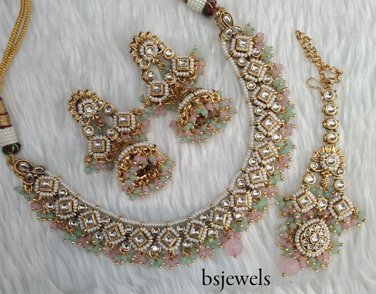 Mint pink Kundan Necklace Jewellery Rajveer Set