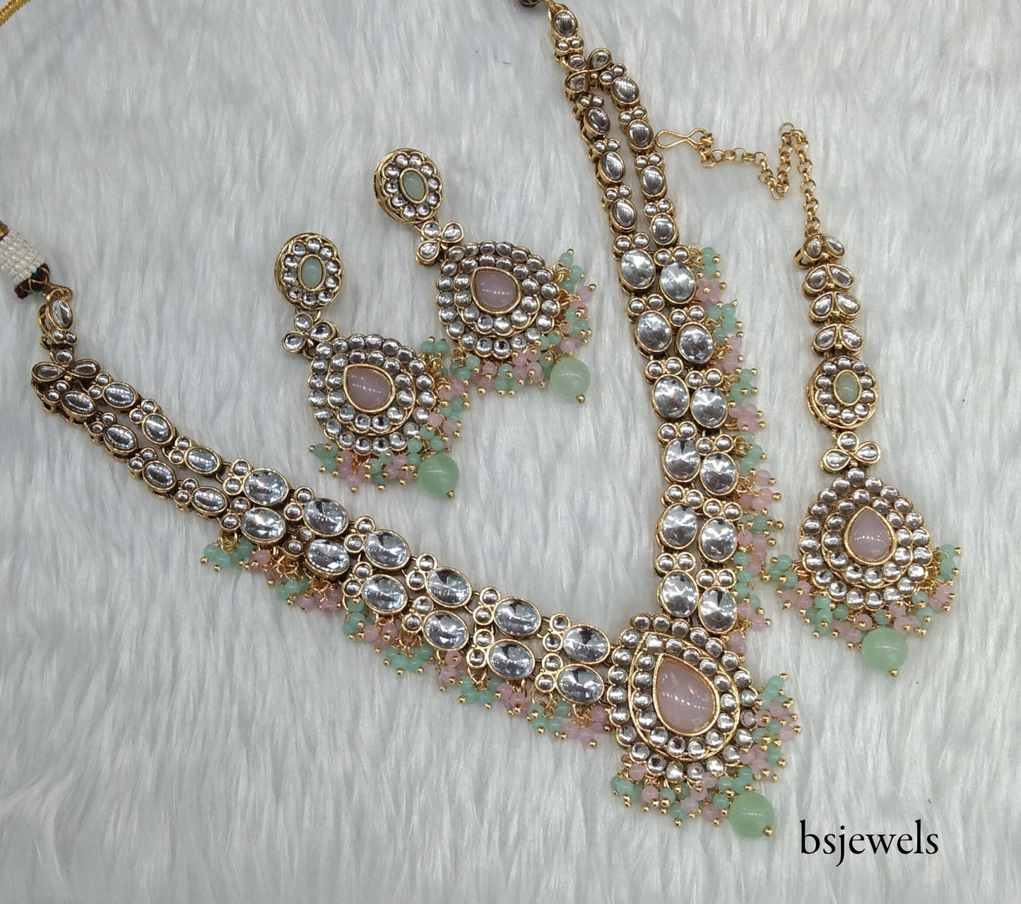 Mint Pink Kundan Necklace Jewellery Kush Set