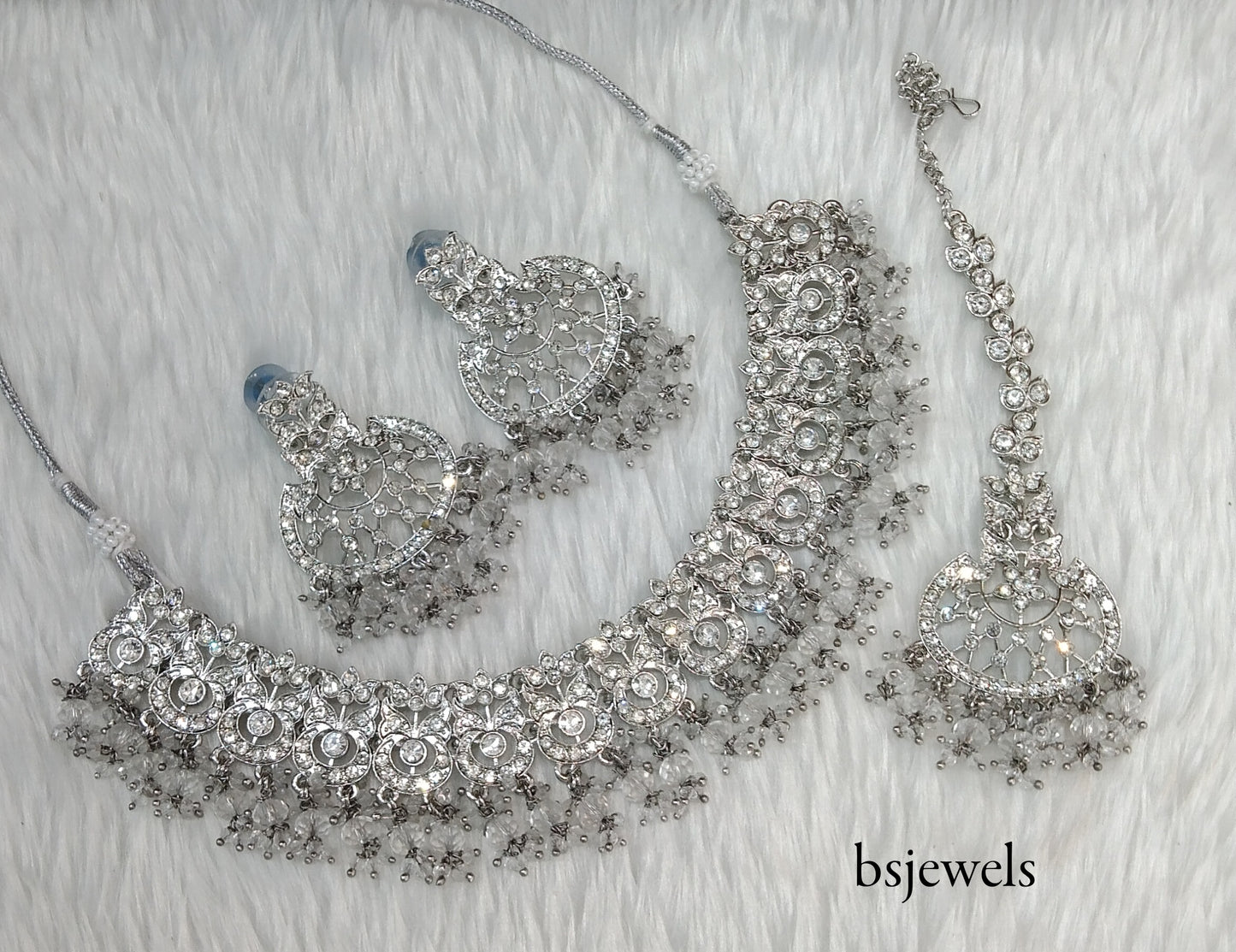 Silver Crystal Necklace Jewellery Isha Bollywood Set