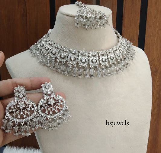 Silver Crystal Necklace Jewellery Isha Bollywood Set