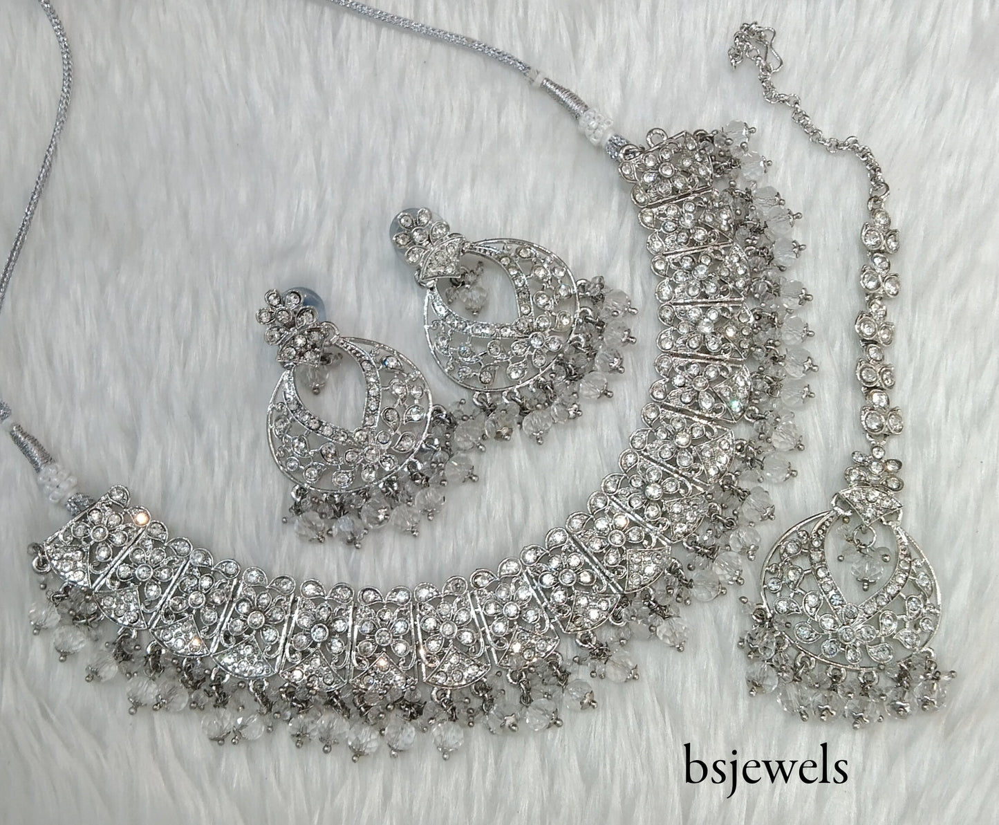 Silver crystal Necklace Jewellery Isha Bollywood Set