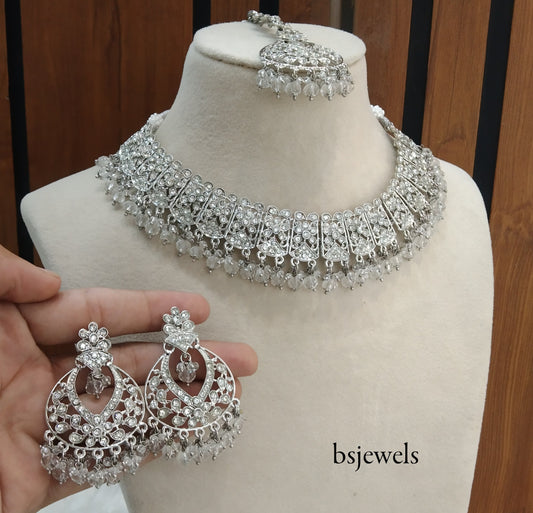 Silver crystal Necklace Jewellery Isha Bollywood Set