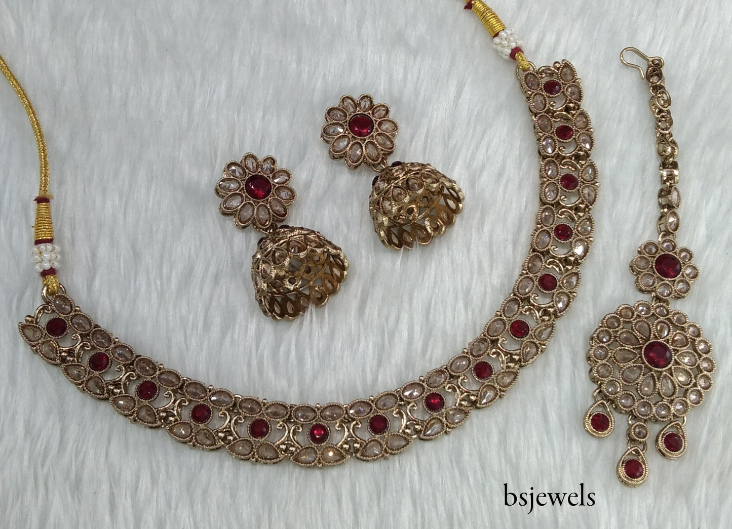 Antique Gold Maroon Necklace Jewellery Nisha Bollywood