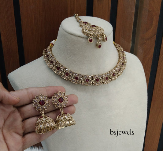 Antique Gold Maroon Necklace Jewellery Nisha Bollywood