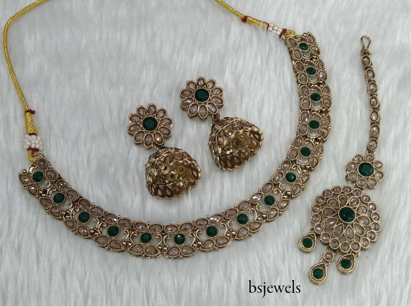 Antique Gold Green Necklace Jewellery Nisha Bollywood