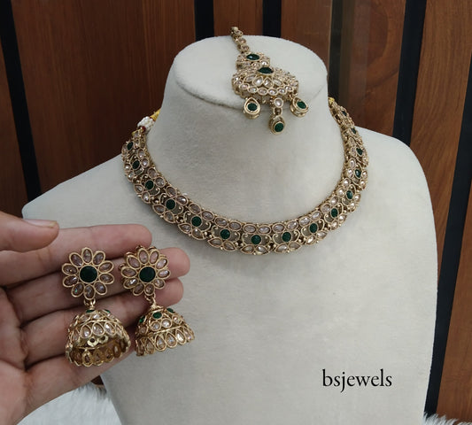 Antique Gold Green Necklace Jewellery Nisha Bollywood