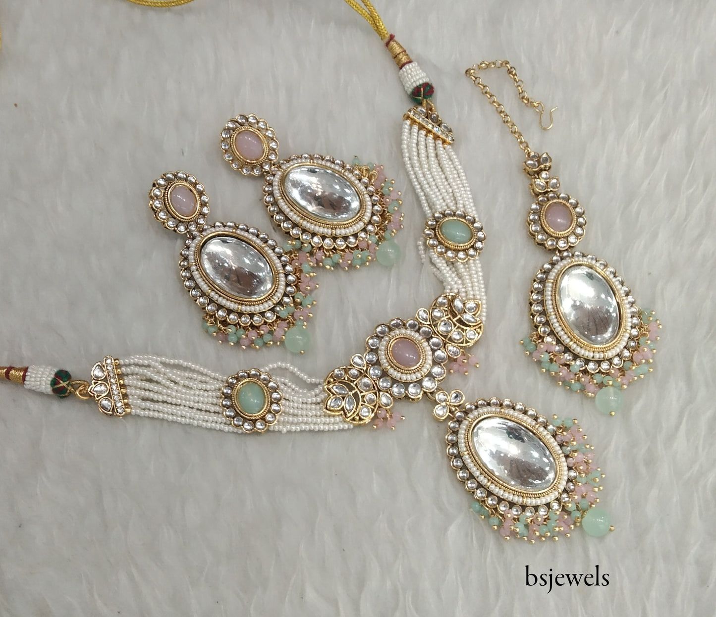 Mint pink Kundan Choker Jewellery Sharan Set