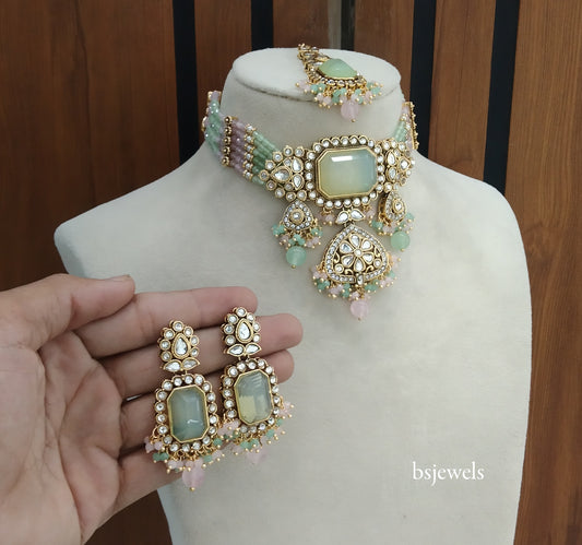Mint Pink Kundan Choker Jewellery Gurleen Sets