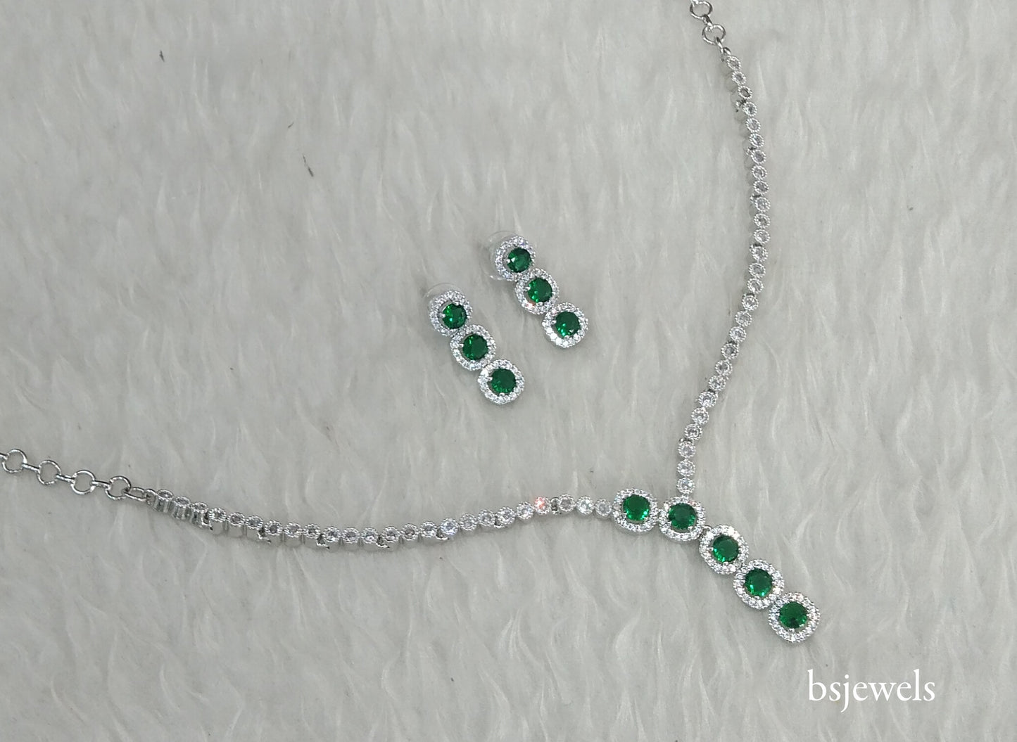 Silver Green American Diamond Ad Maya Necklace Set