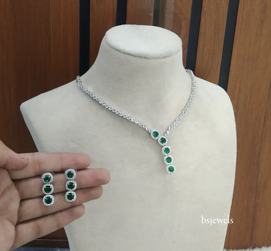 Silver Green American Diamond Ad Maya Necklace Set