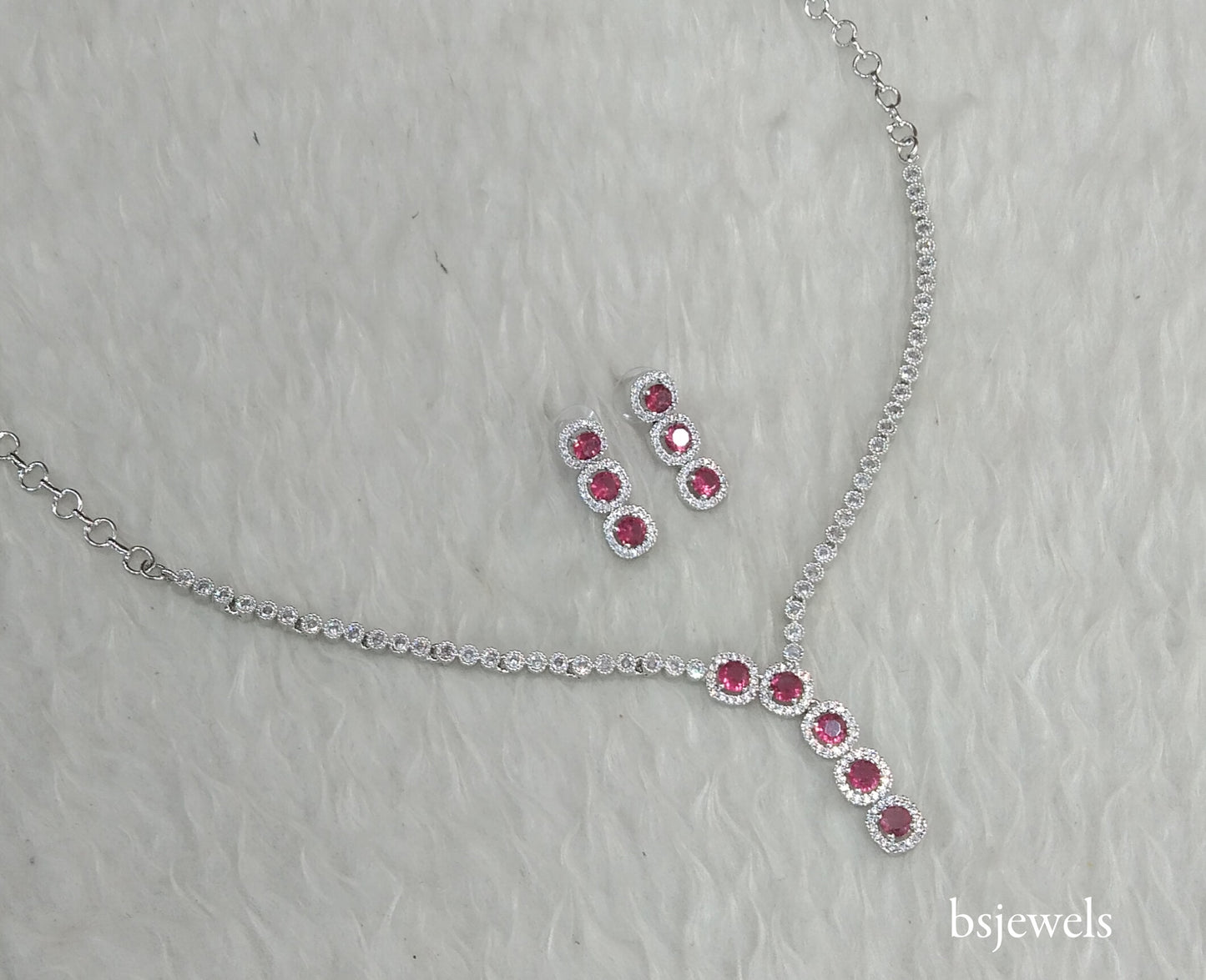 Silver Ruby American Diamond Ad Maya Necklace Set