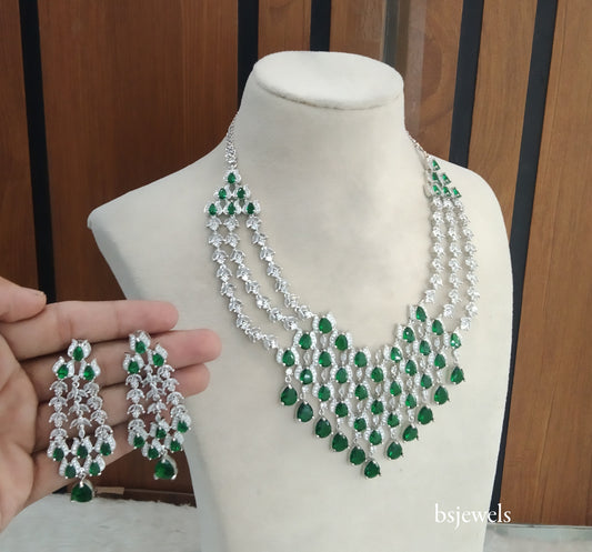 Silver Green American Diamond Ad Julia Necklace Set